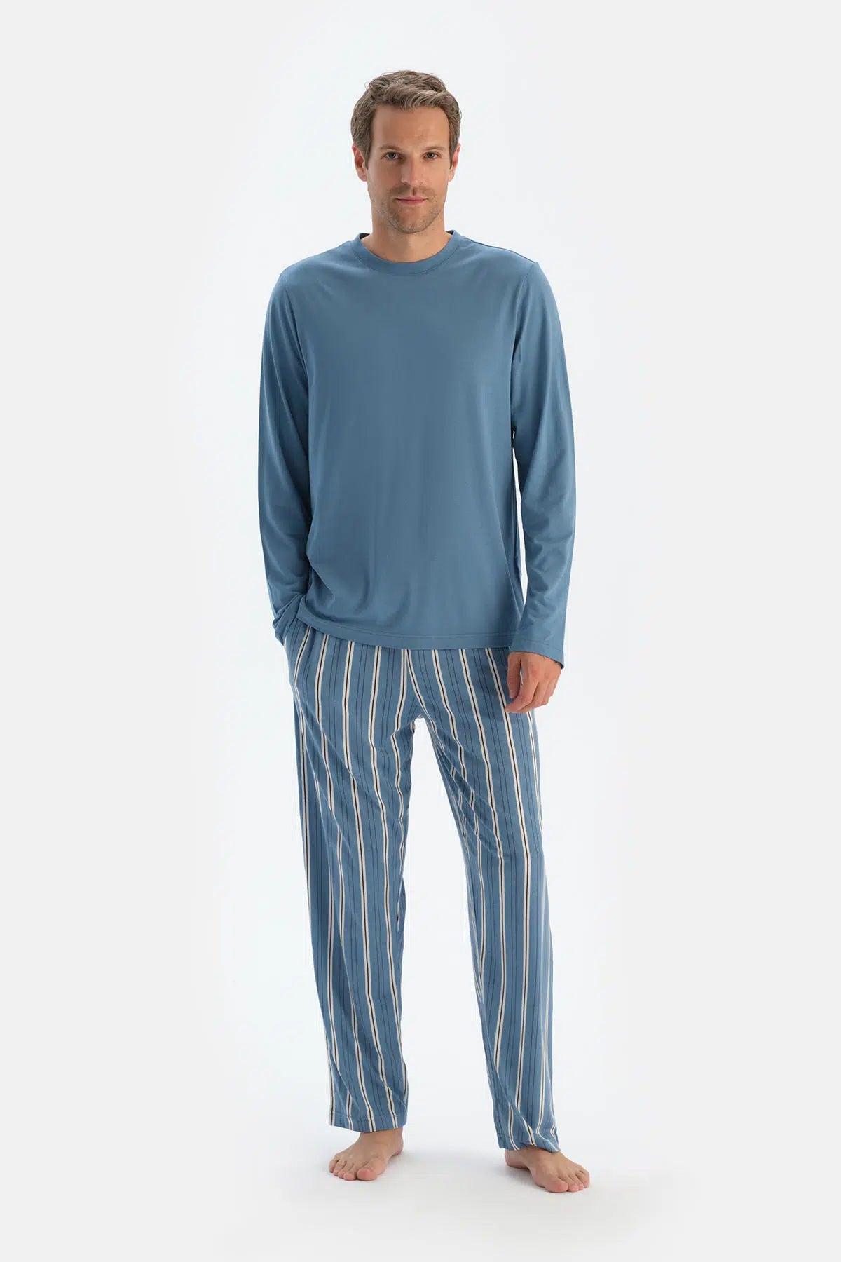 Mavi Bisiklet Yaka Uzun Kollu Tişört Pantolon Pijama Takımıı