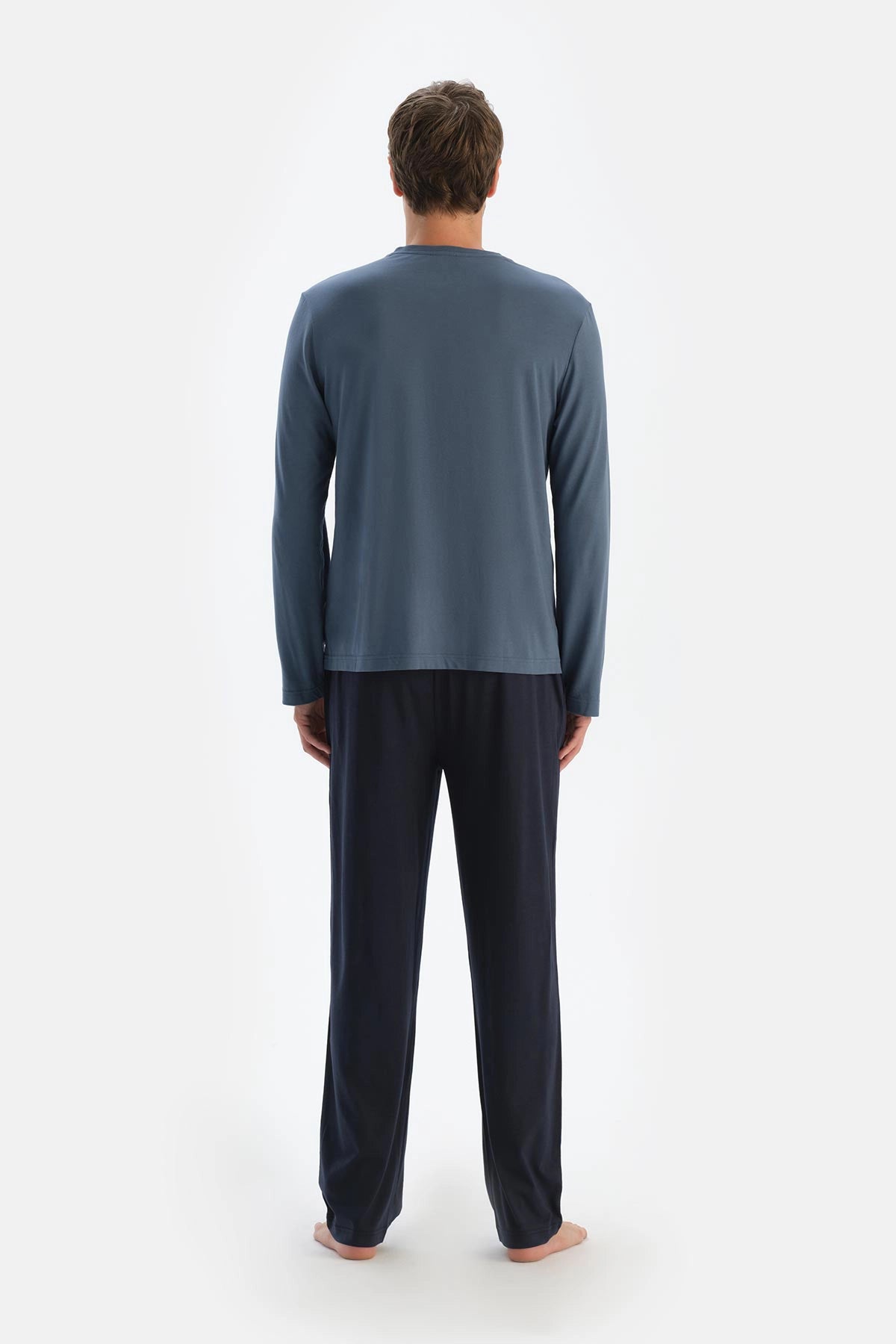 Koyu Mavi Yarım Patlı Uzun Kollu Üçlü Pijama Takımı