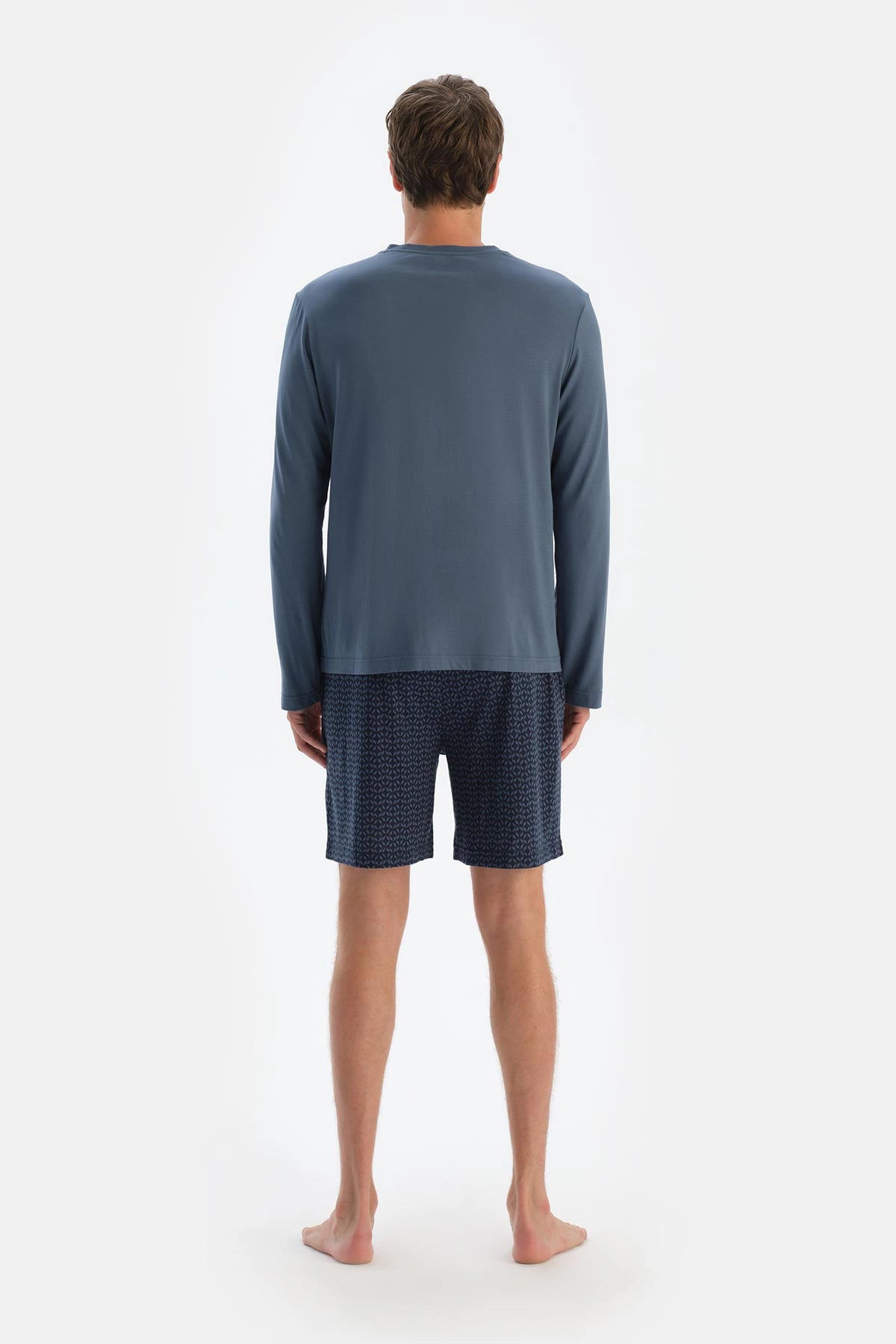 Koyu Mavi Yarım Patlı Uzun Kollu Üçlü Pijama Takımı