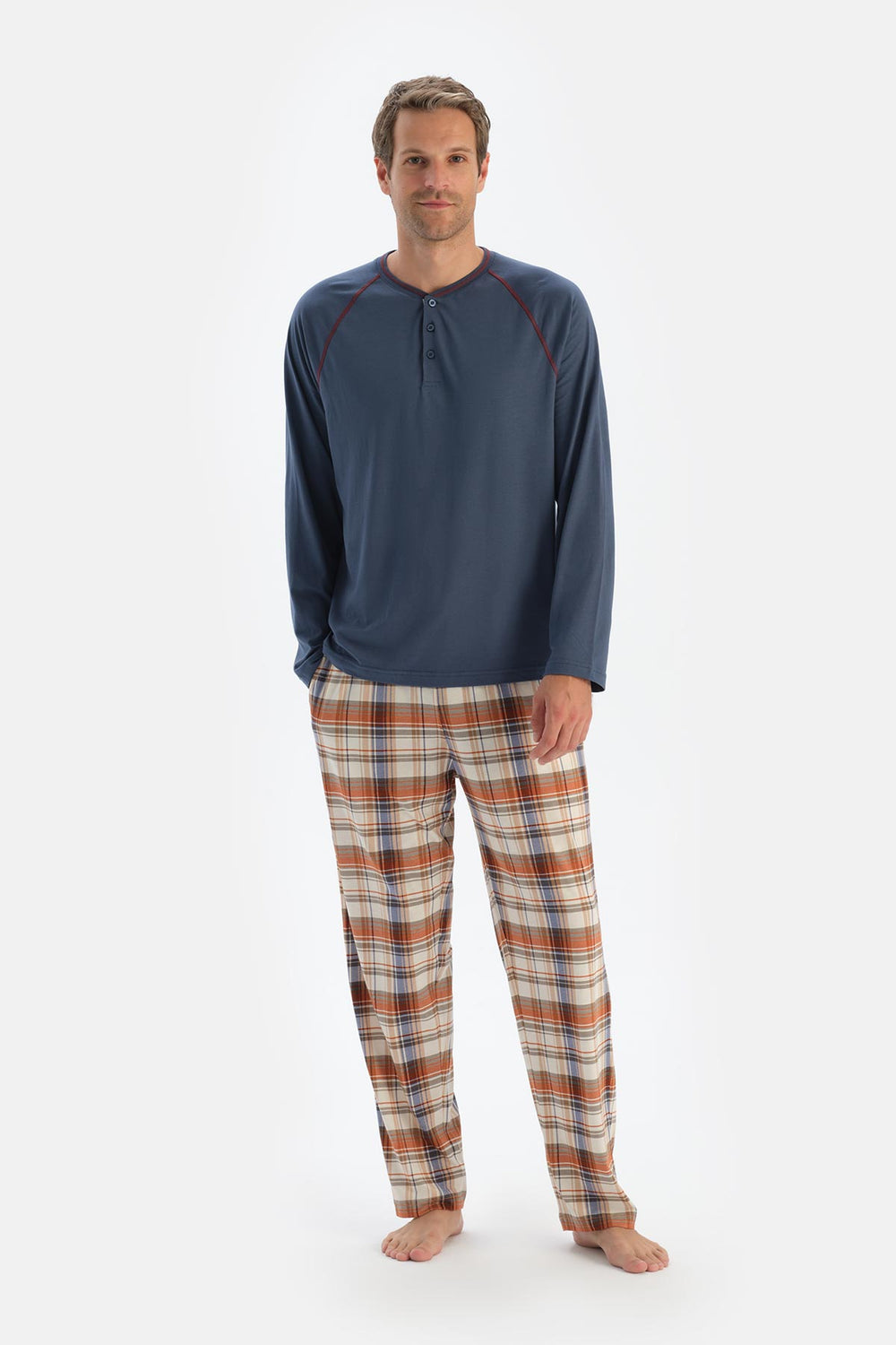 Koyu Mavi Bisiklet Yaka Uzun Kollu Tişört Pantolon Pijama Takımı