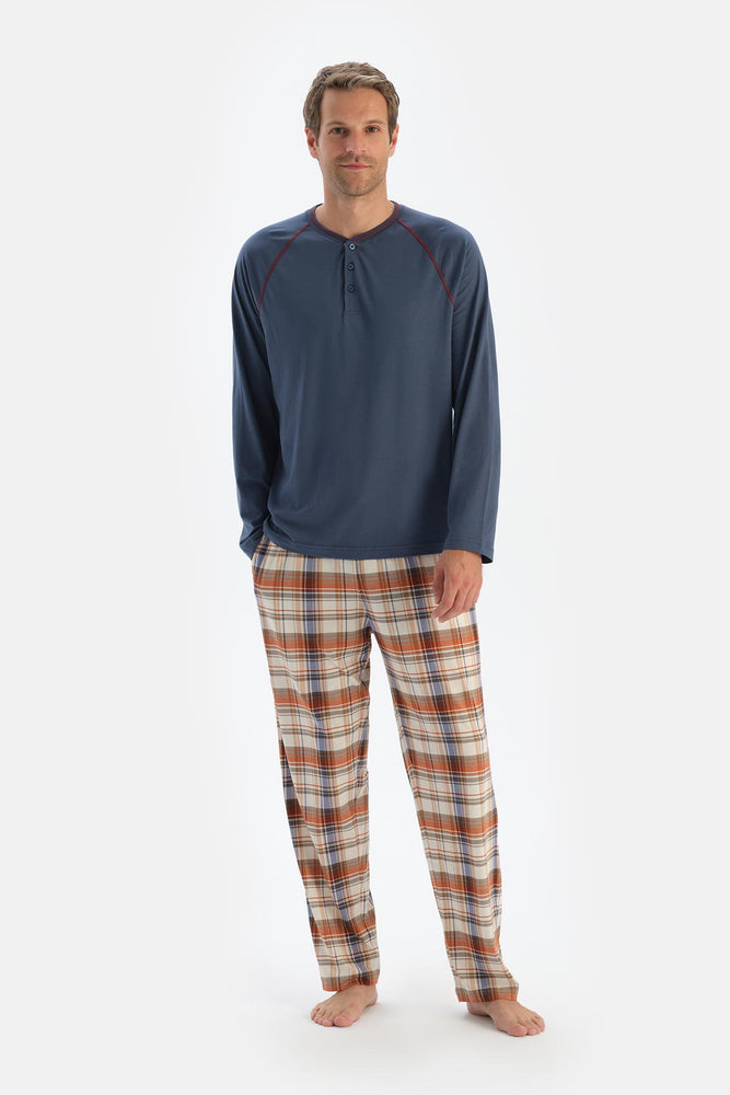 Koyu Mavi Bisiklet Yaka Uzun Kollu Tişört Pantolon Pijama Takımı