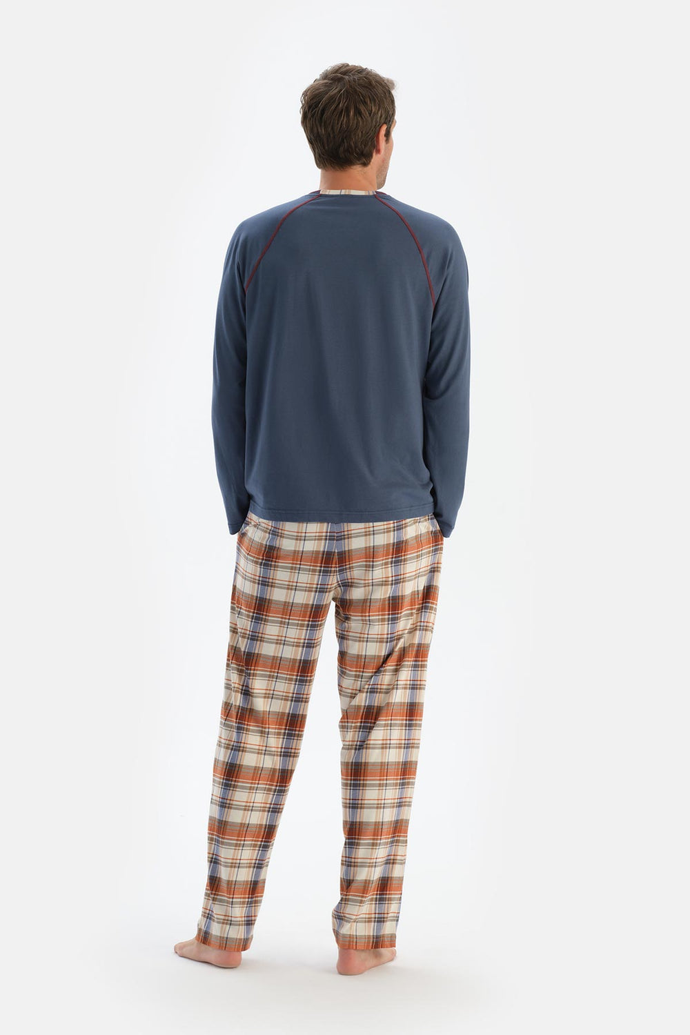 Koyu Mavi Bisiklet Yaka Uzun Kollu Tişört Pantolon Pijama Takımı