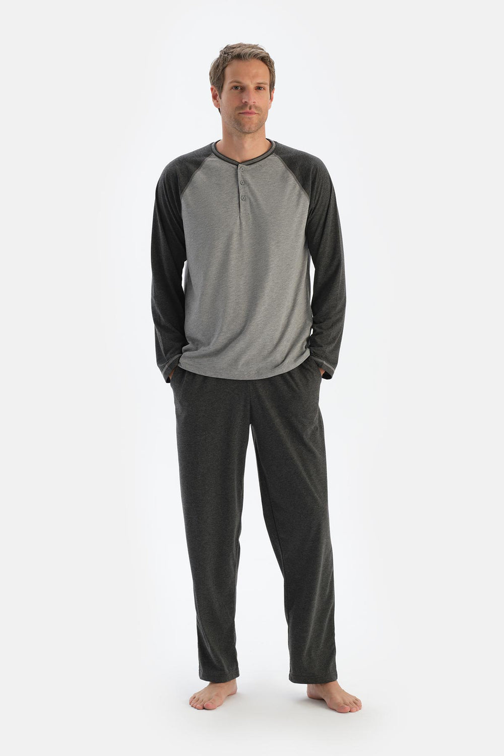 Gri Melanj Reglan Kol Patlı Tişört Pantolon Pijama Takımı