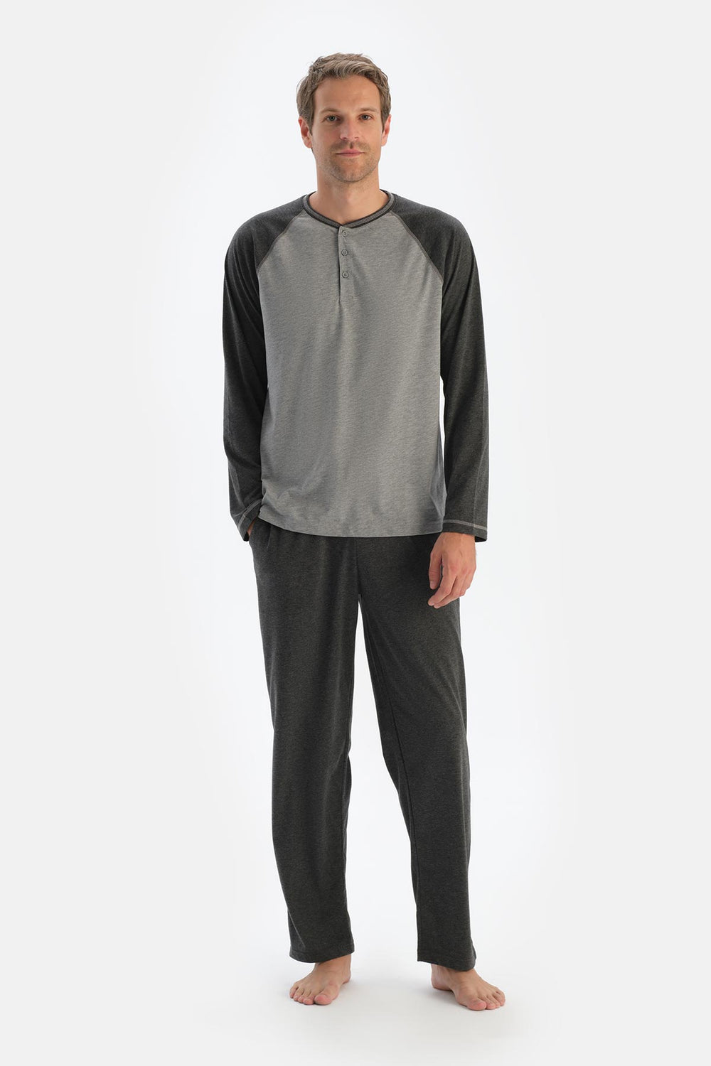 Gri Melanj Reglan Kol Patlı Tişört Pantolon Pijama Takımı
