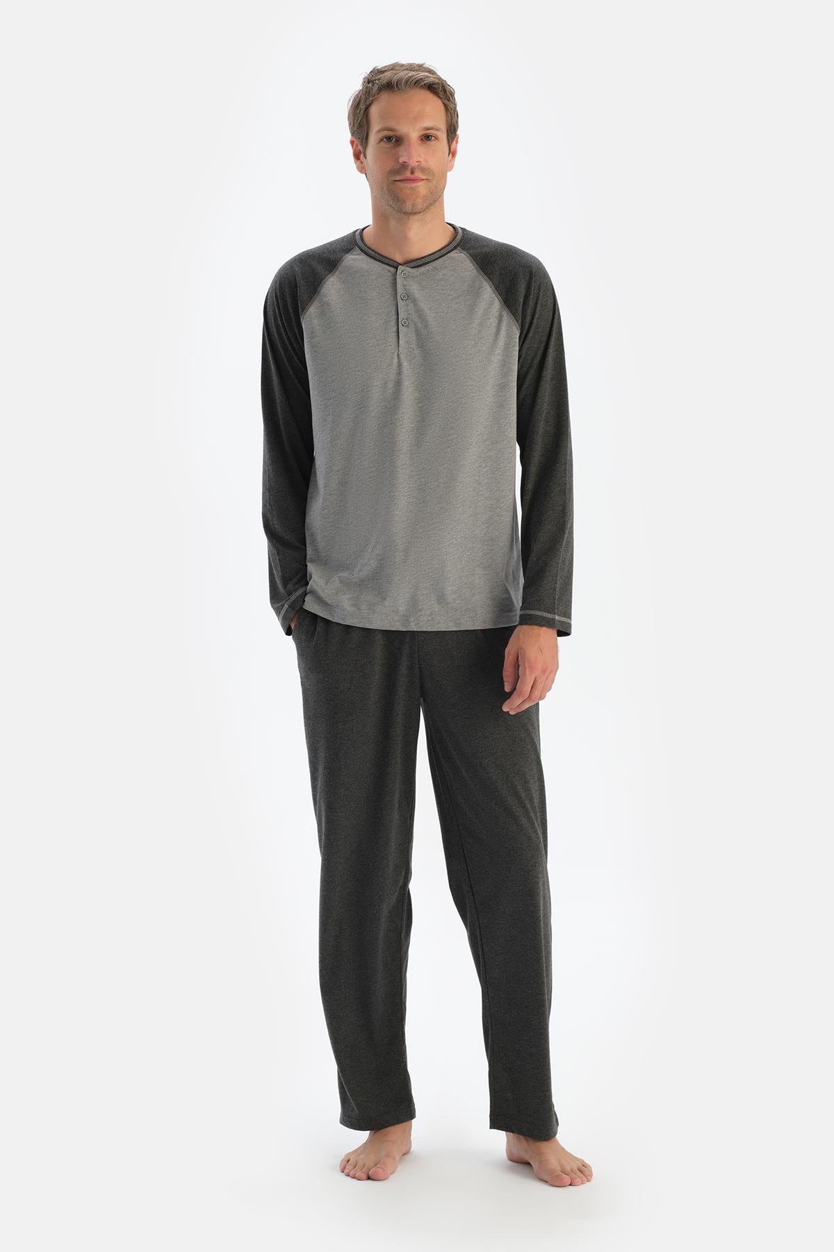 Gri Melanj Reglan Kol Patlı Tişört Pantolon Pijama Takımı