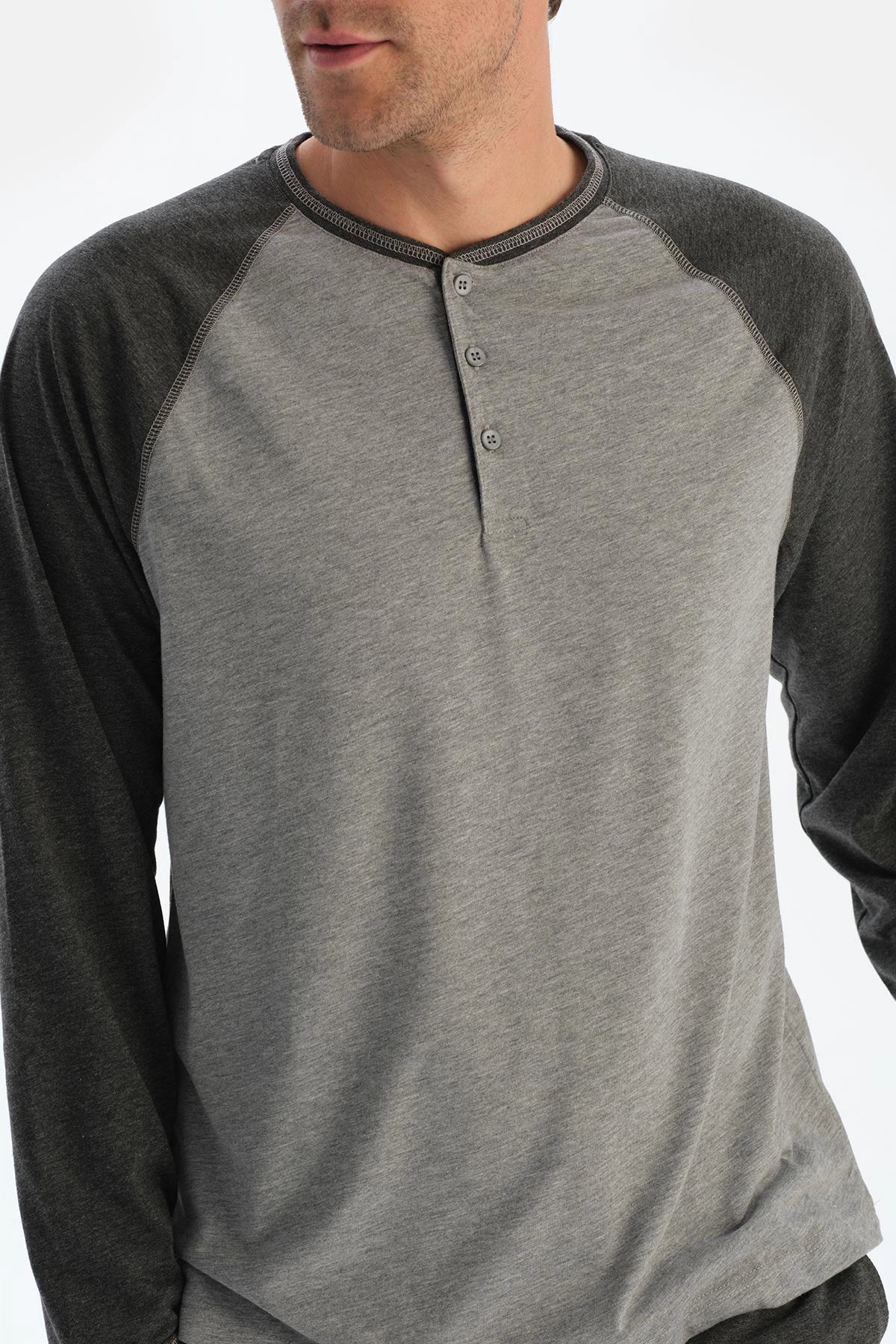 Gri Melanj Reglan Kol Patlı Tişört Pantolon Pijama Takımı