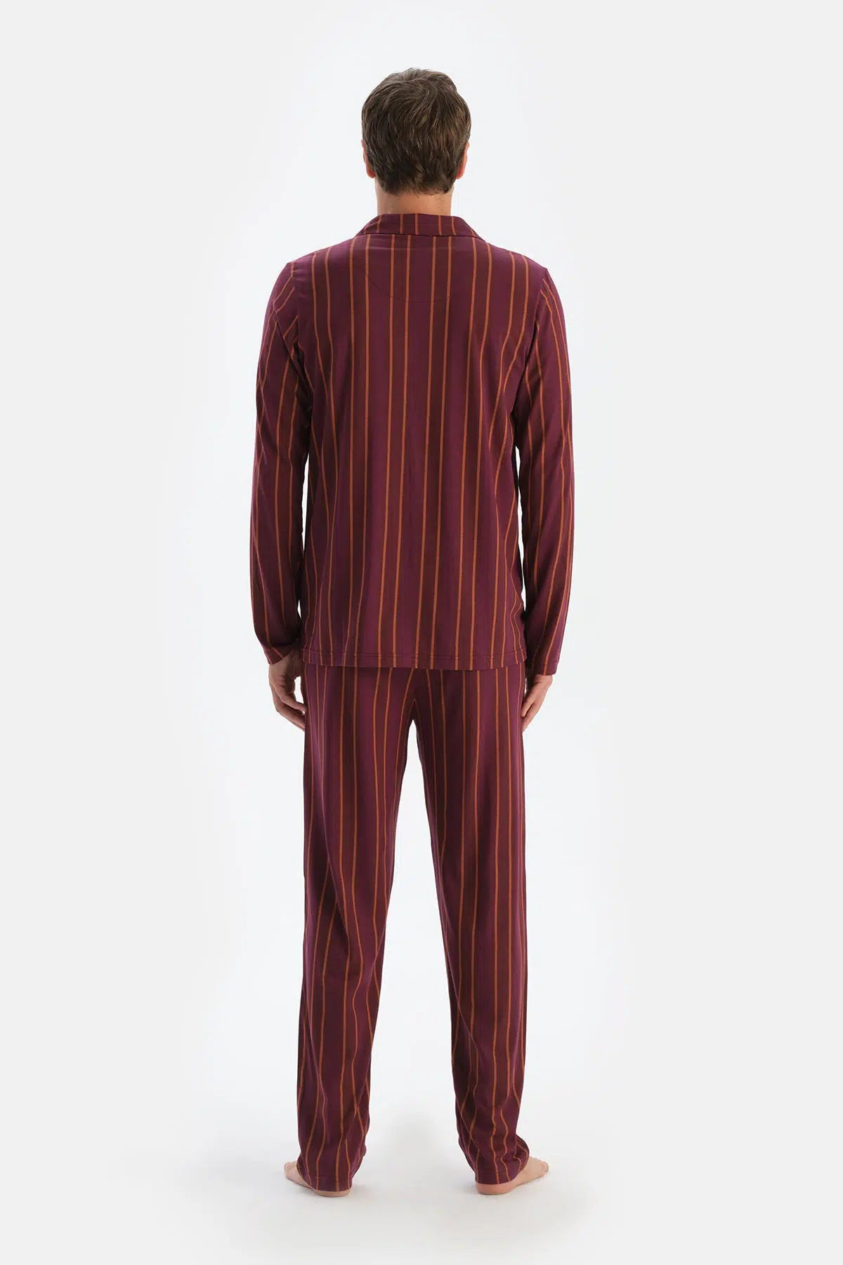 Bordo Çizgili Uzun Kollu Gömlek Pantolon Pijama Takımı