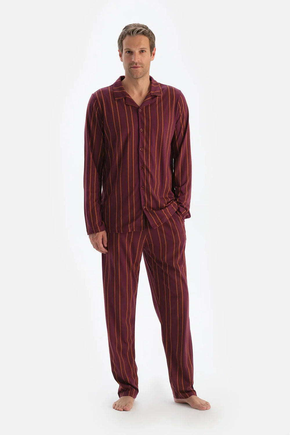 Bordo Çizgili Uzun Kollu Gömlek Pantolon Pijama Takımı