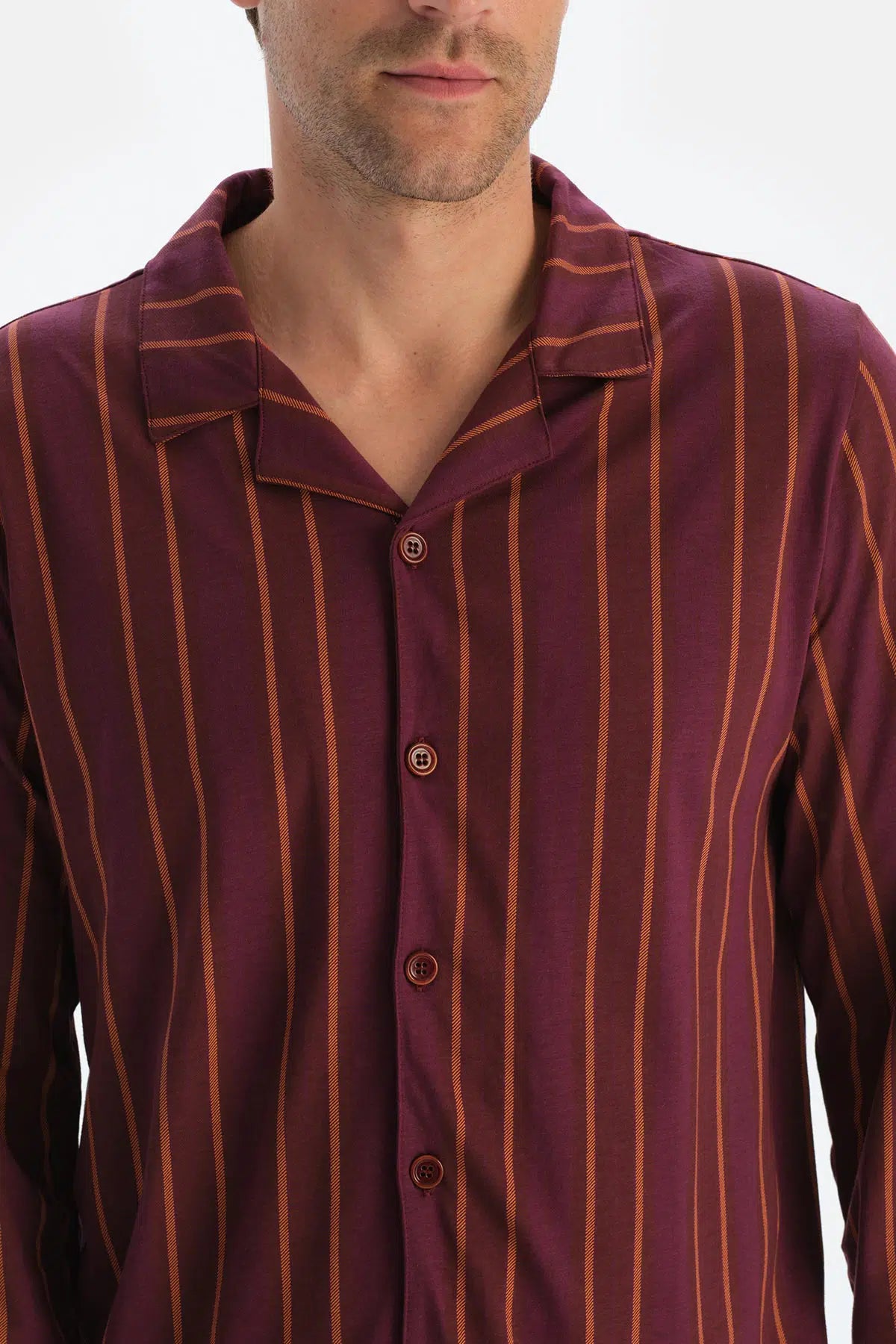 Bordo Çizgili Uzun Kollu Gömlek Pantolon Pijama Takımı
