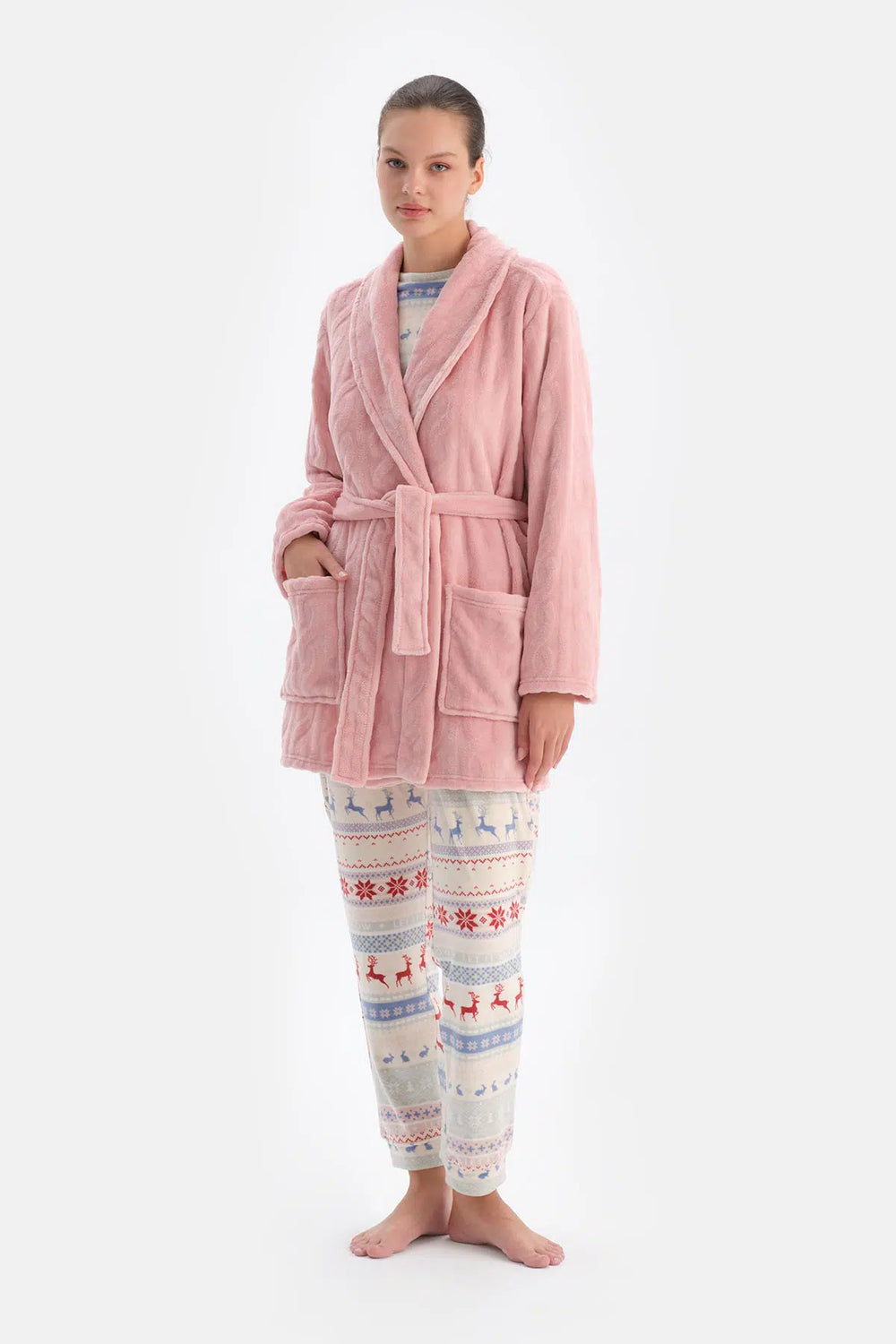 Soft Pembe Soft Örgü Görünümlü Puf Sabahlık