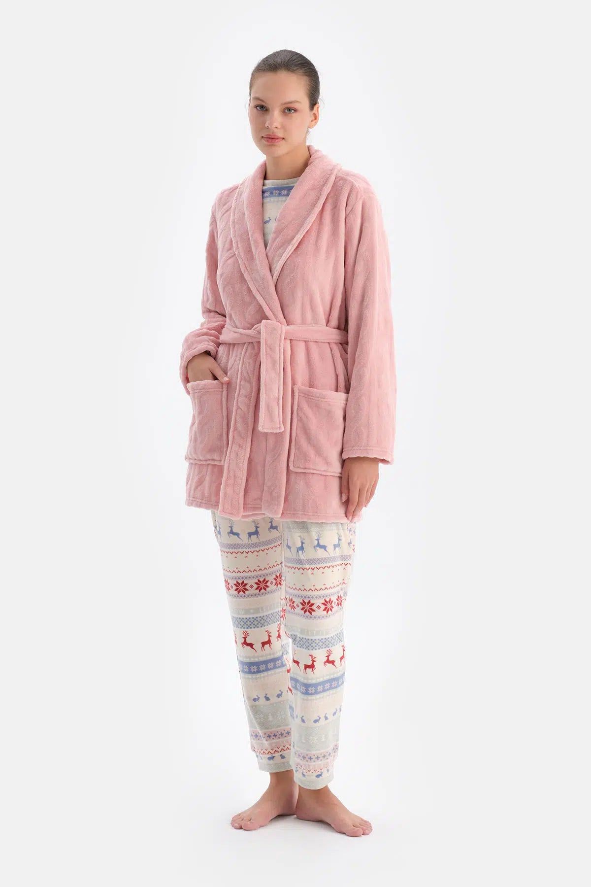 Soft Pembe Soft Örgü Görünümlü Puf Sabahlık