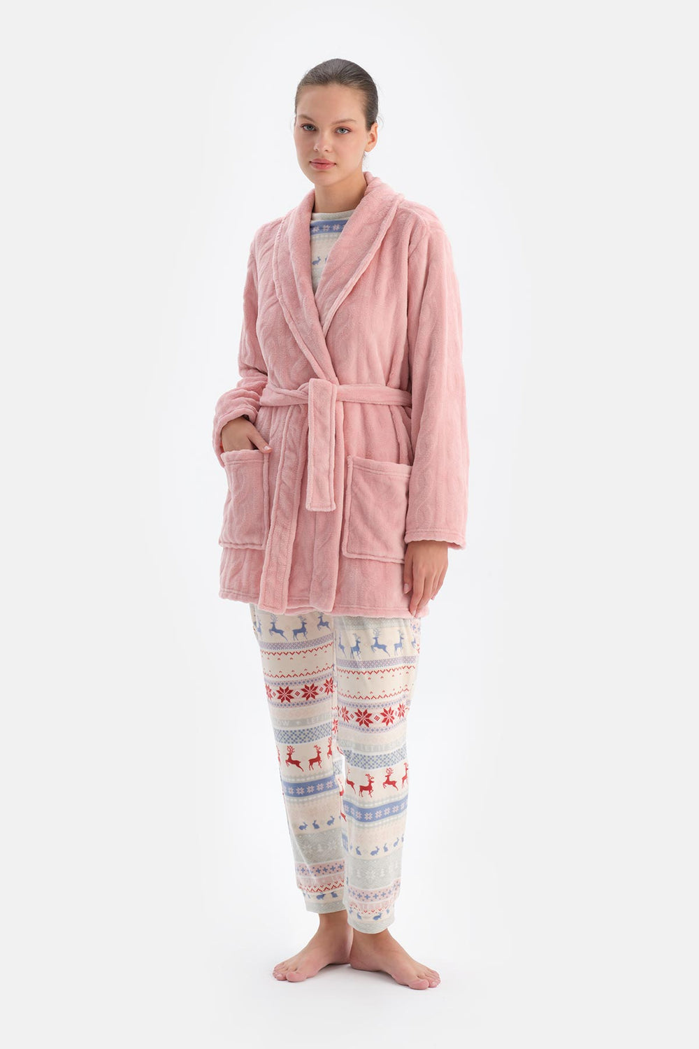 Soft Pembe Soft Örgü Görünümlü Puf Sabahlık