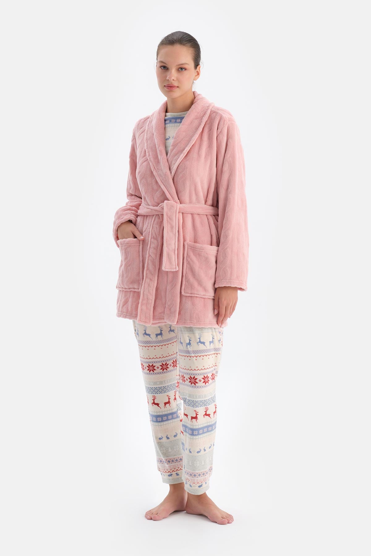 Soft Pembe Soft Örgü Görünümlü Puf Sabahlık