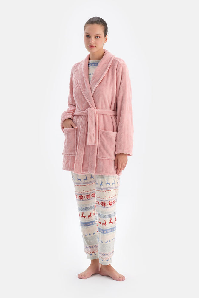 Soft Pembe Soft Örgü Görünümlü Puf Sabahlık