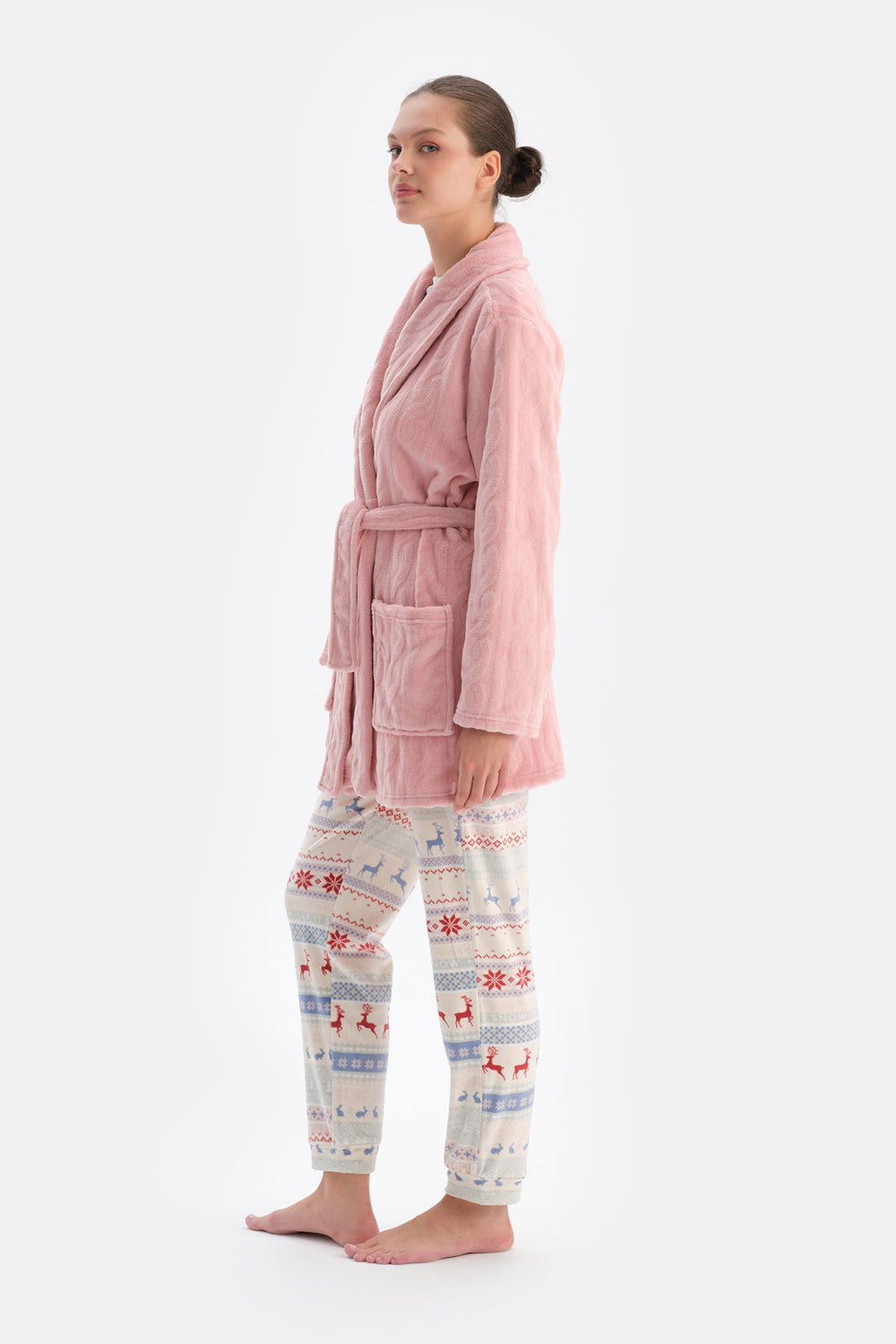 Soft Pembe Soft Örgü Görünümlü Puf Sabahlık