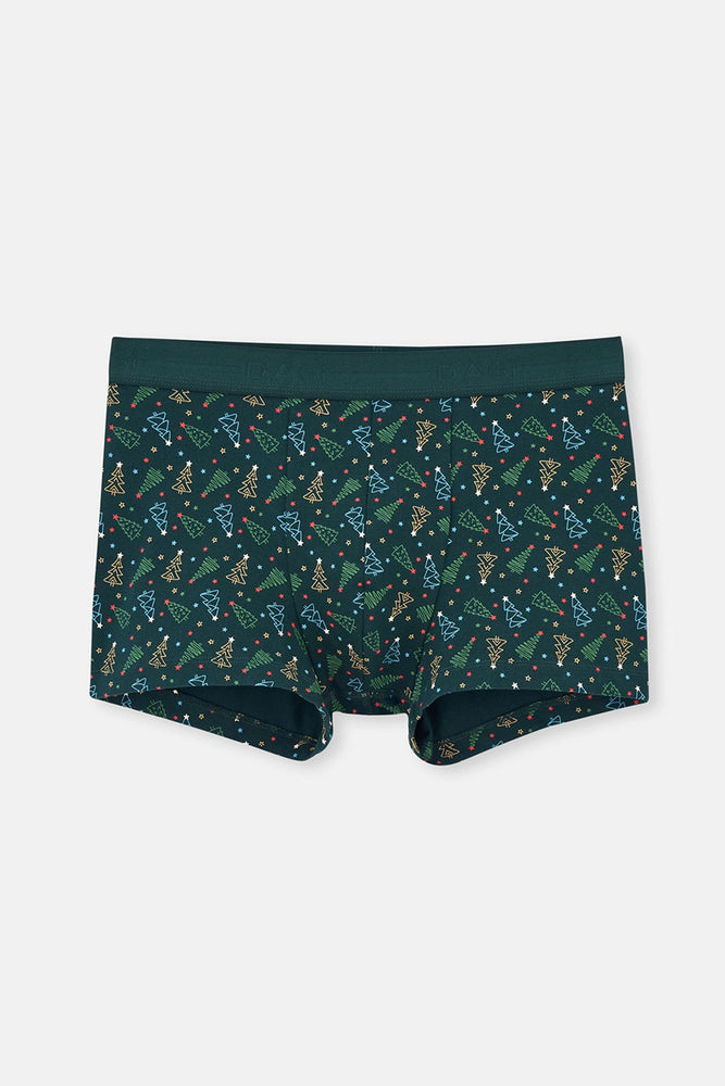 Koyu Yeşil Desenli Pamuk Boxer