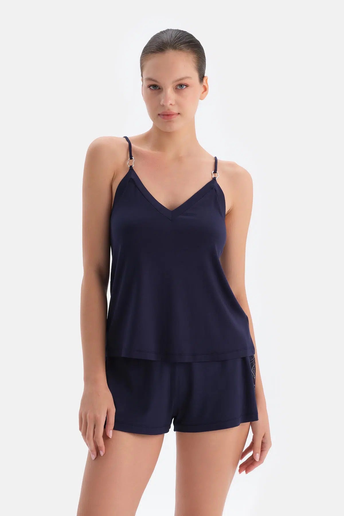 Lacivert Dantel Detaylı Atlet Şort Takım