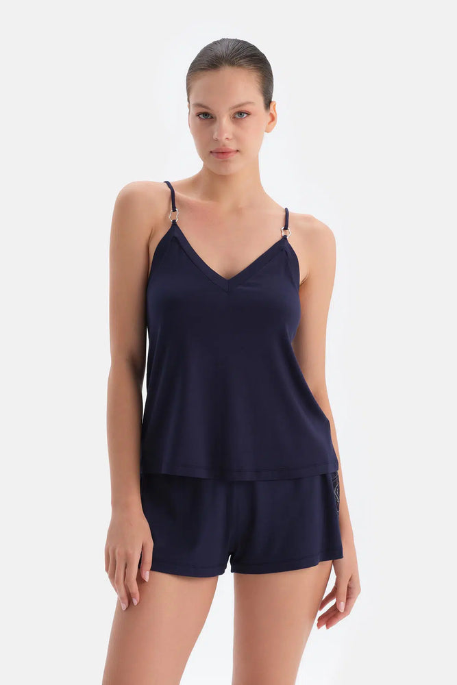 Lacivert Dantel Detaylı Atlet Şort Takım