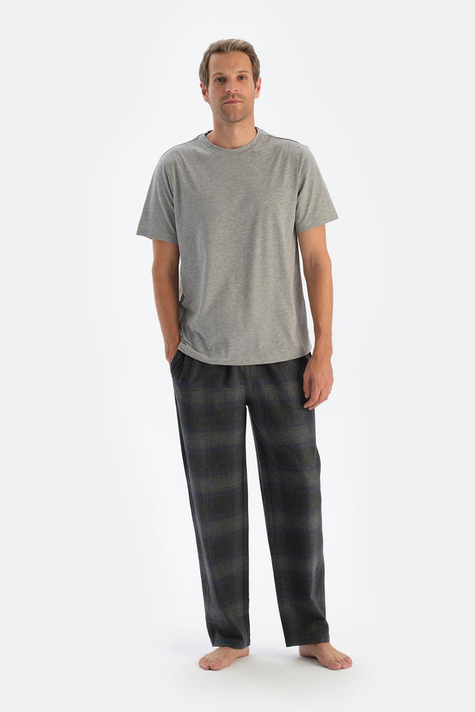 Füme Ekoseli Dokuma Pantolon Pijama Altı