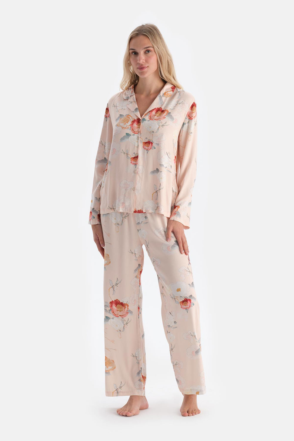 Krem Çiçekli Viskon Dokuma Pantolon Pijama Altı