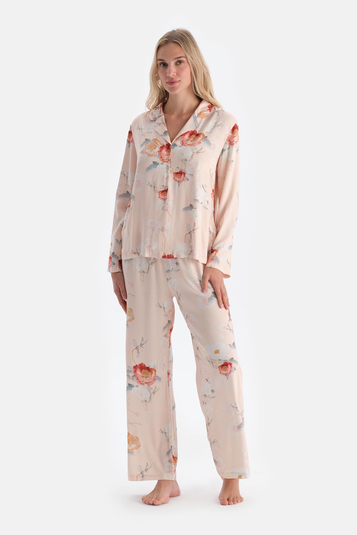 Krem Çiçekli Viskon Dokuma Pantolon Pijama Altı