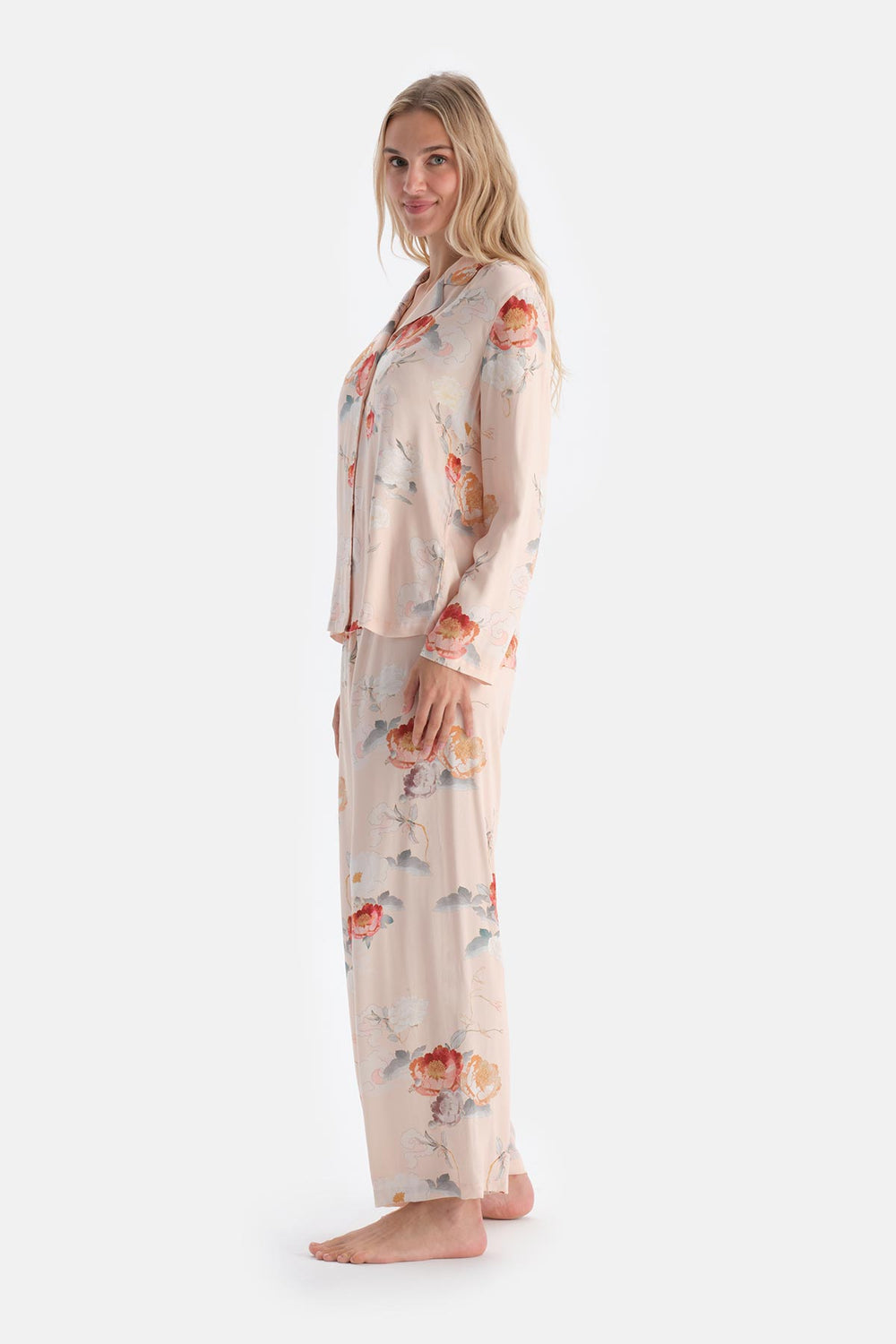 Krem Çiçekli Viskon Dokuma Pantolon Pijama Altı