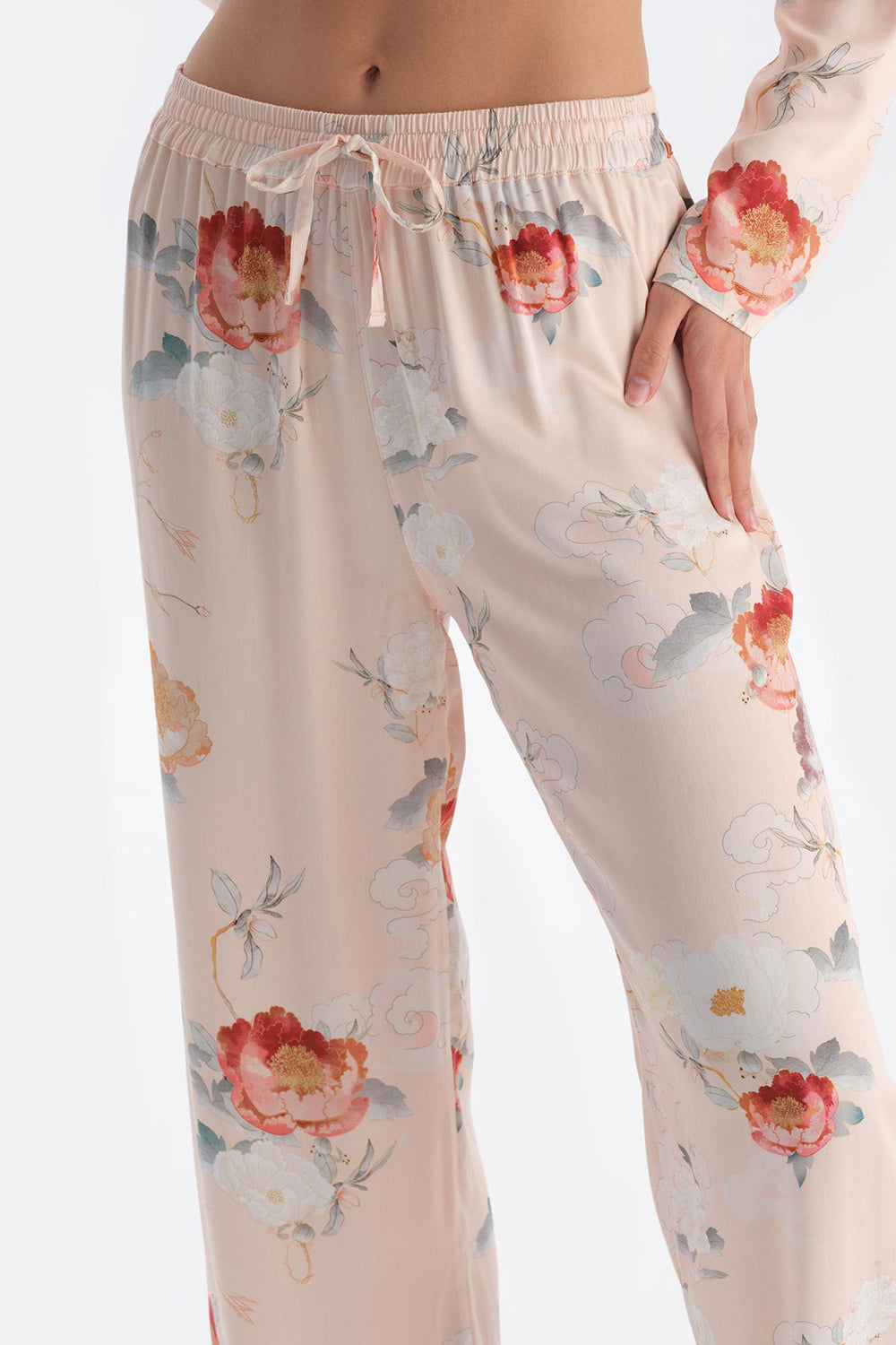 Krem Çiçekli Viskon Dokuma Pantolon Pijama Altı