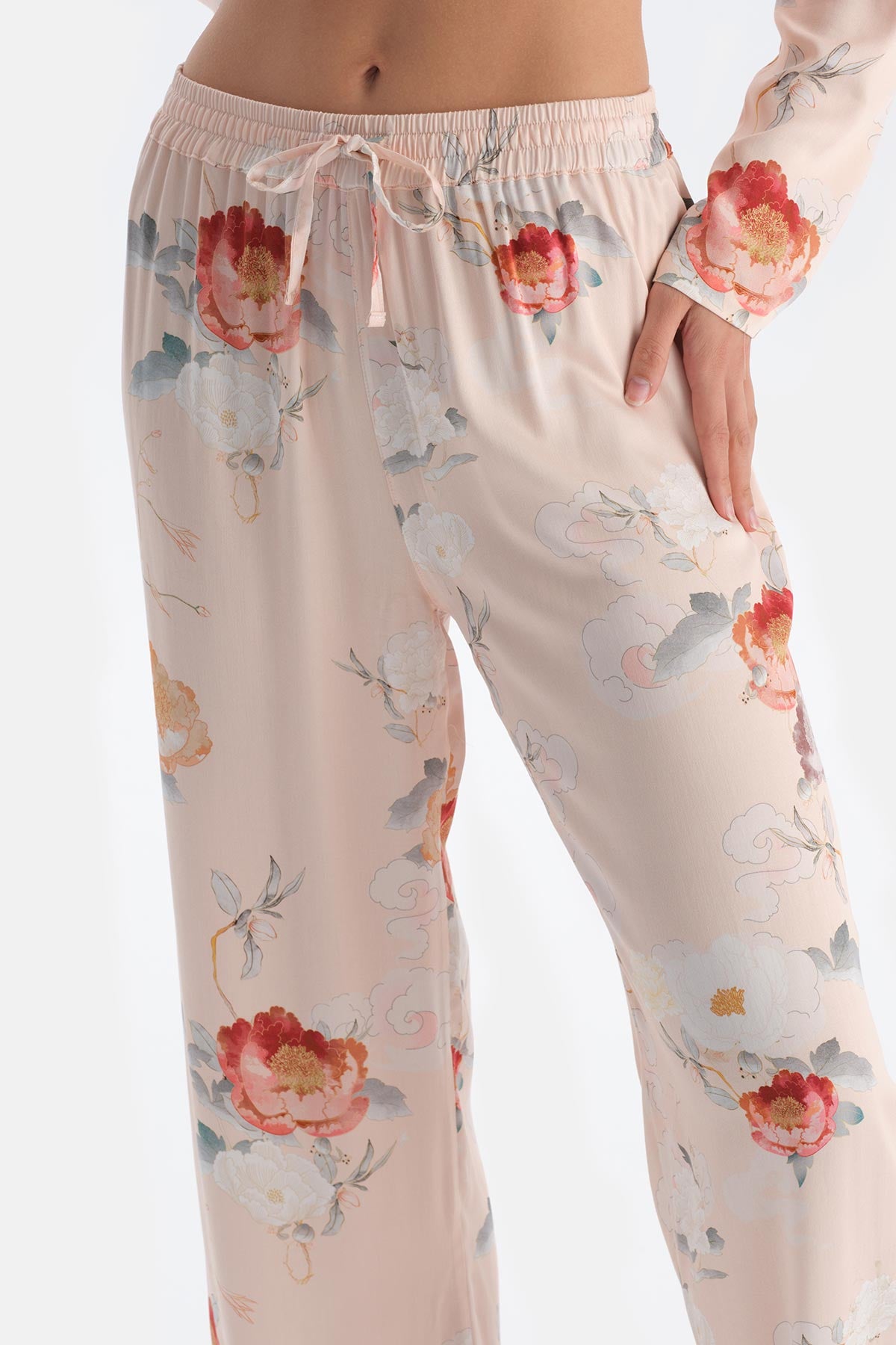 Krem Çiçekli Viskon Dokuma Pantolon Pijama Altı