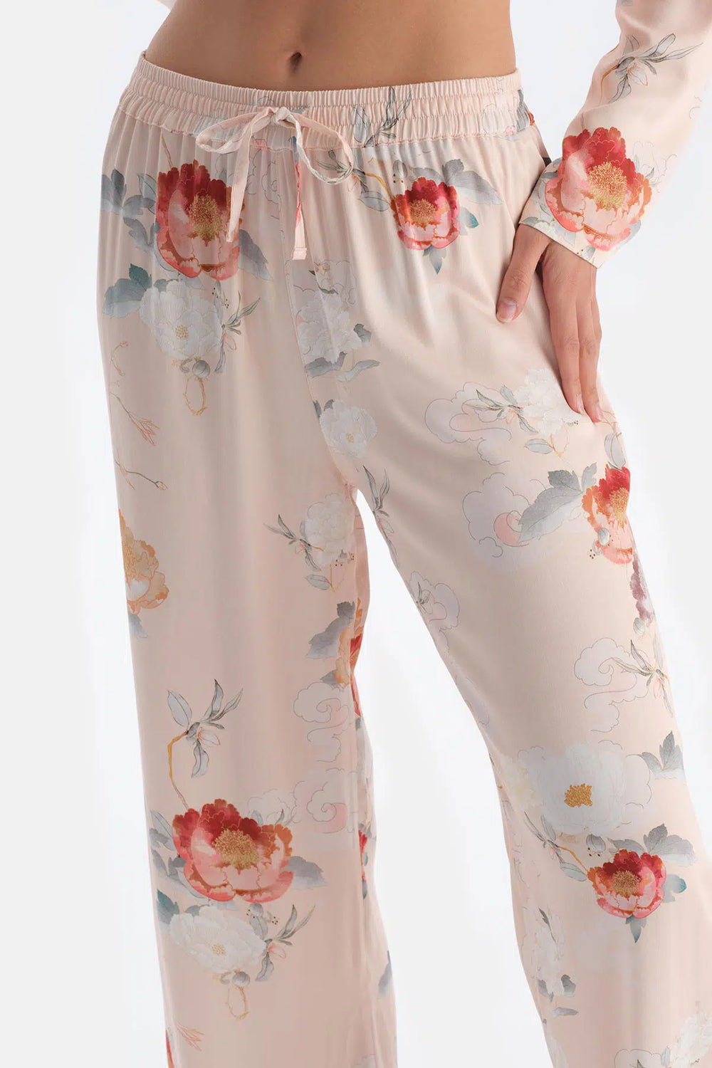 Krem Çiçekli Viskon Dokuma Pantolon Pijama Altı