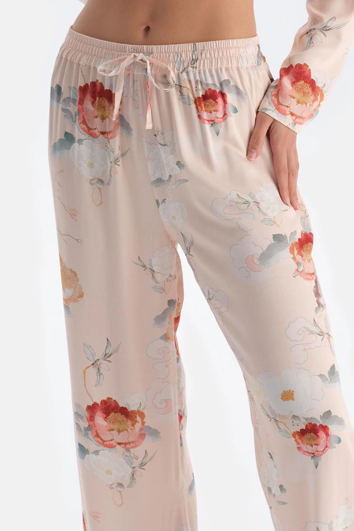 Krem Çiçekli Viskon Dokuma Pantolon Pijama Altı