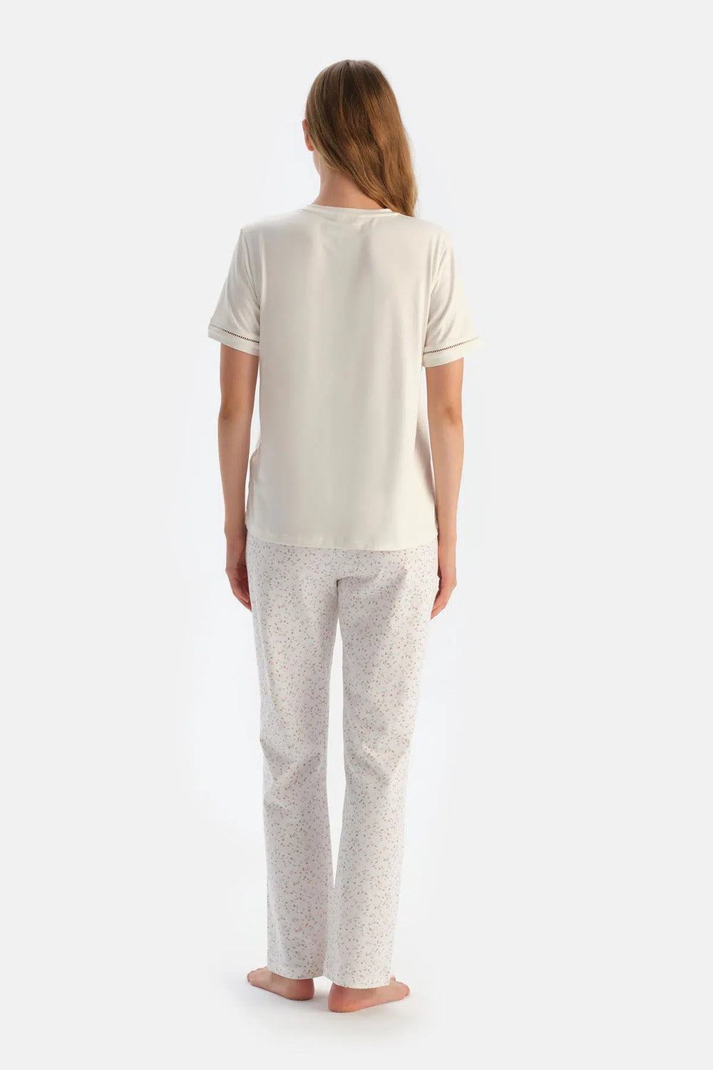 Ekru-Pembe Çiçek Desenli Süprem Ikili Örme Pantolon