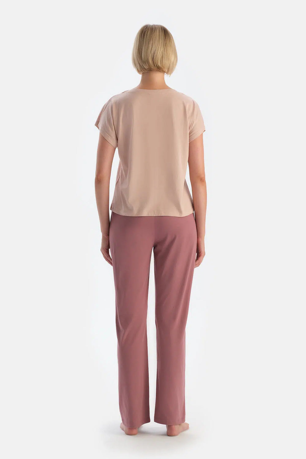 Ekru-Pembe Çiçek Desenli Süprem Ikili Örme Pantolon