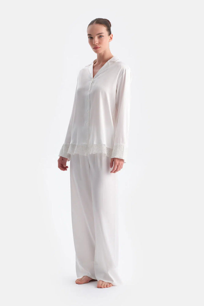 Beyaz Dantel Detaylı Saten Brıde Pantolon