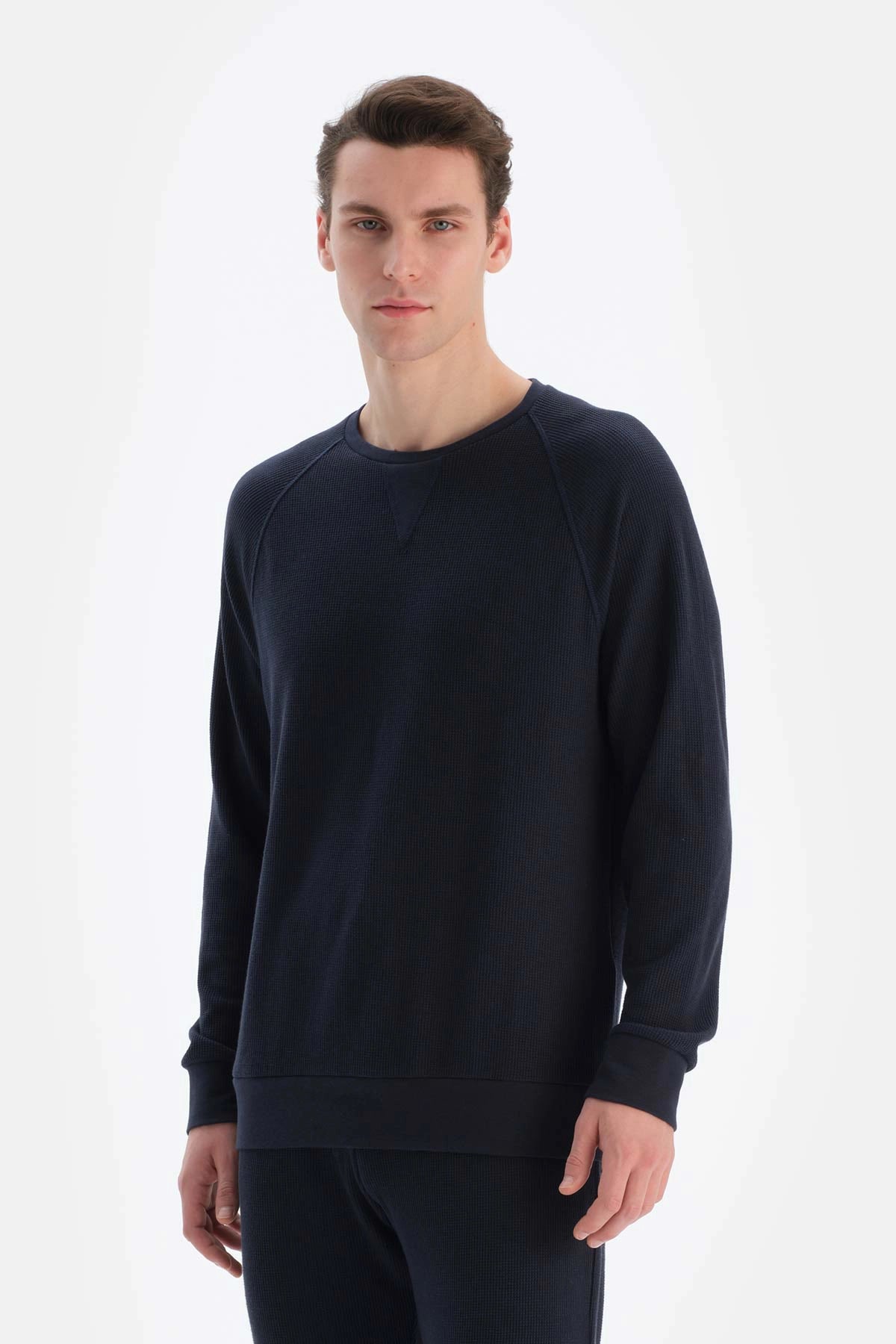 Lacivert Bisiklet Yaka Uzun Kollu Waffle Sweatshırt