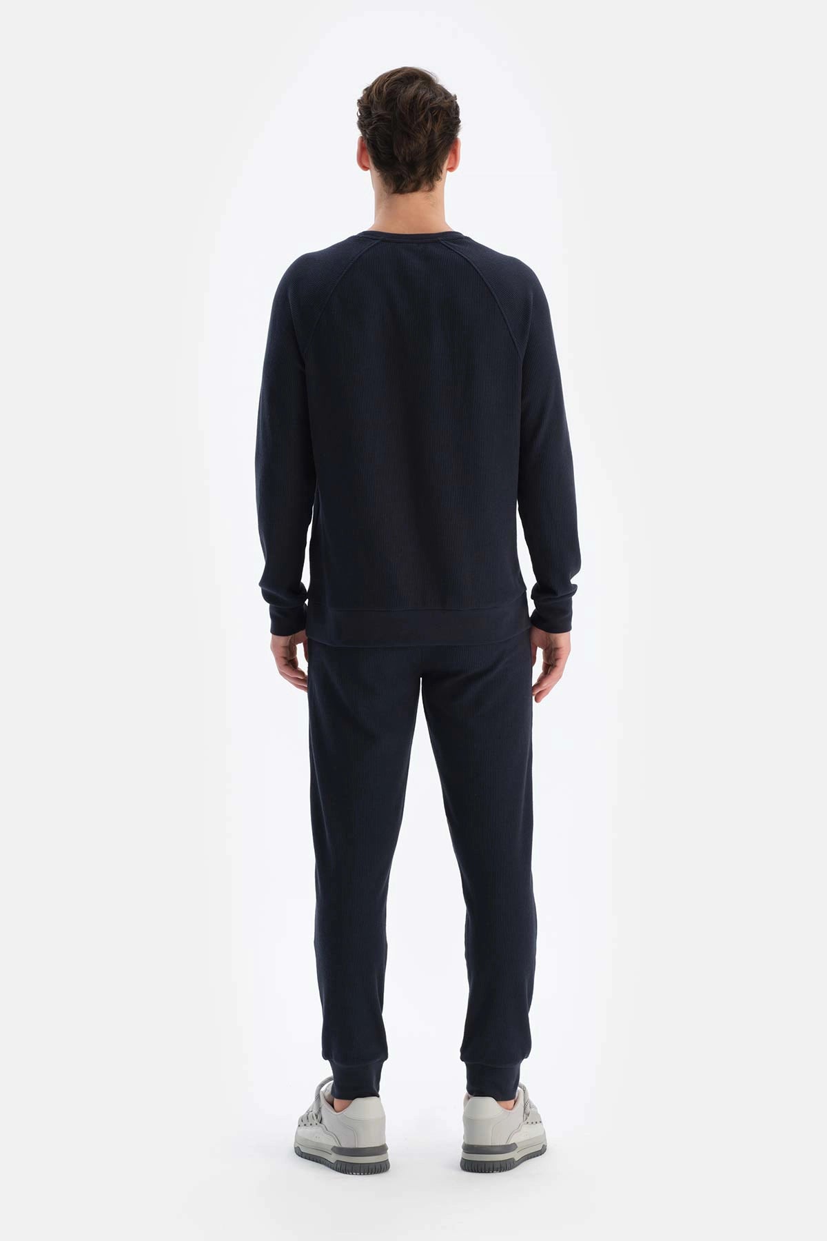 Lacivert Bisiklet Yaka Uzun Kollu Waffle Sweatshırt