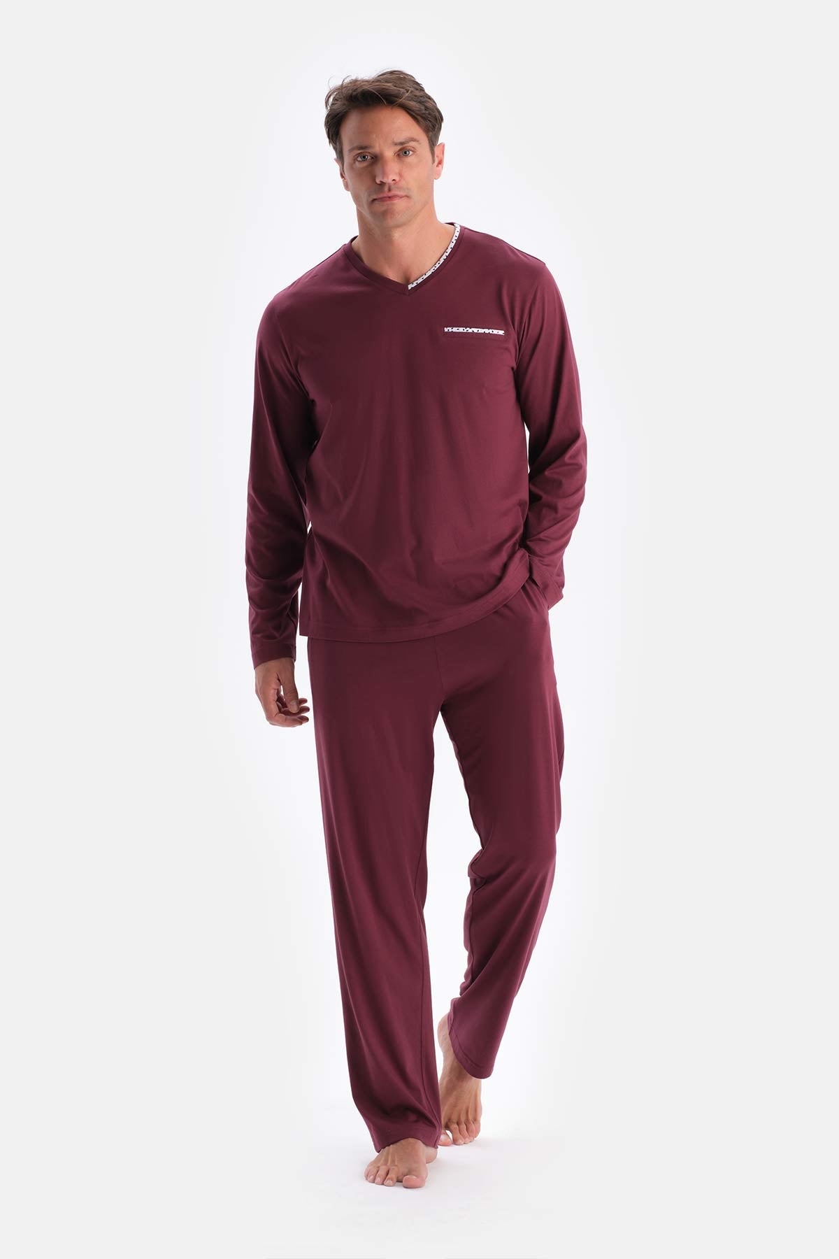 Bordo V Yaka Uzun Kollu Pamuk Modal Pijama Takımı