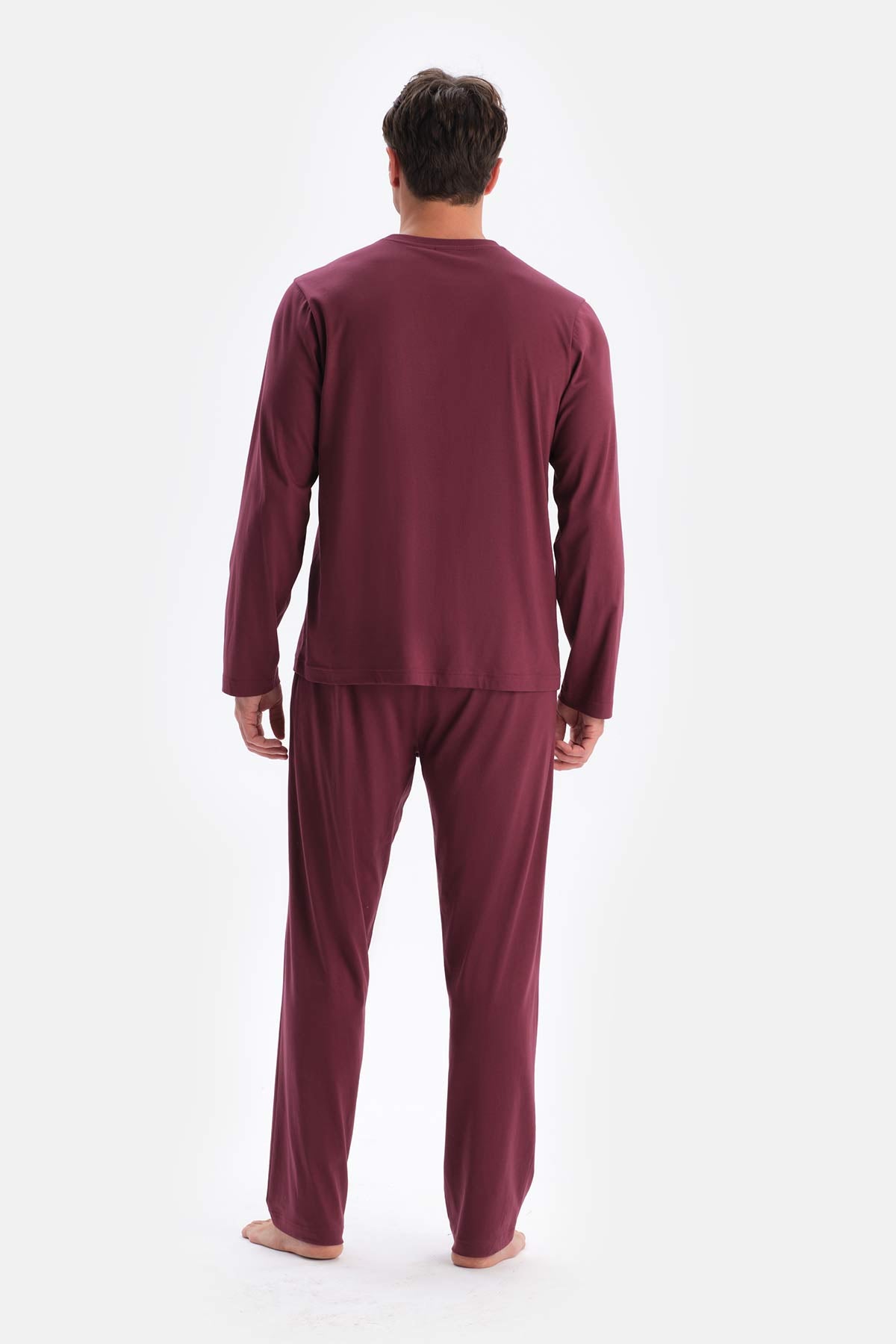Bordo V Yaka Uzun Kollu Pamuk Modal Pijama Takımı