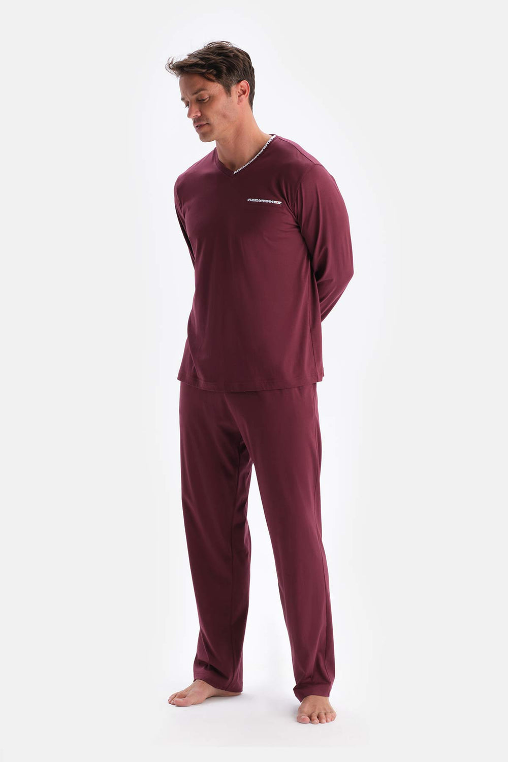 Bordo V Yaka Uzun Kollu Pamuk Modal Pijama Takımı