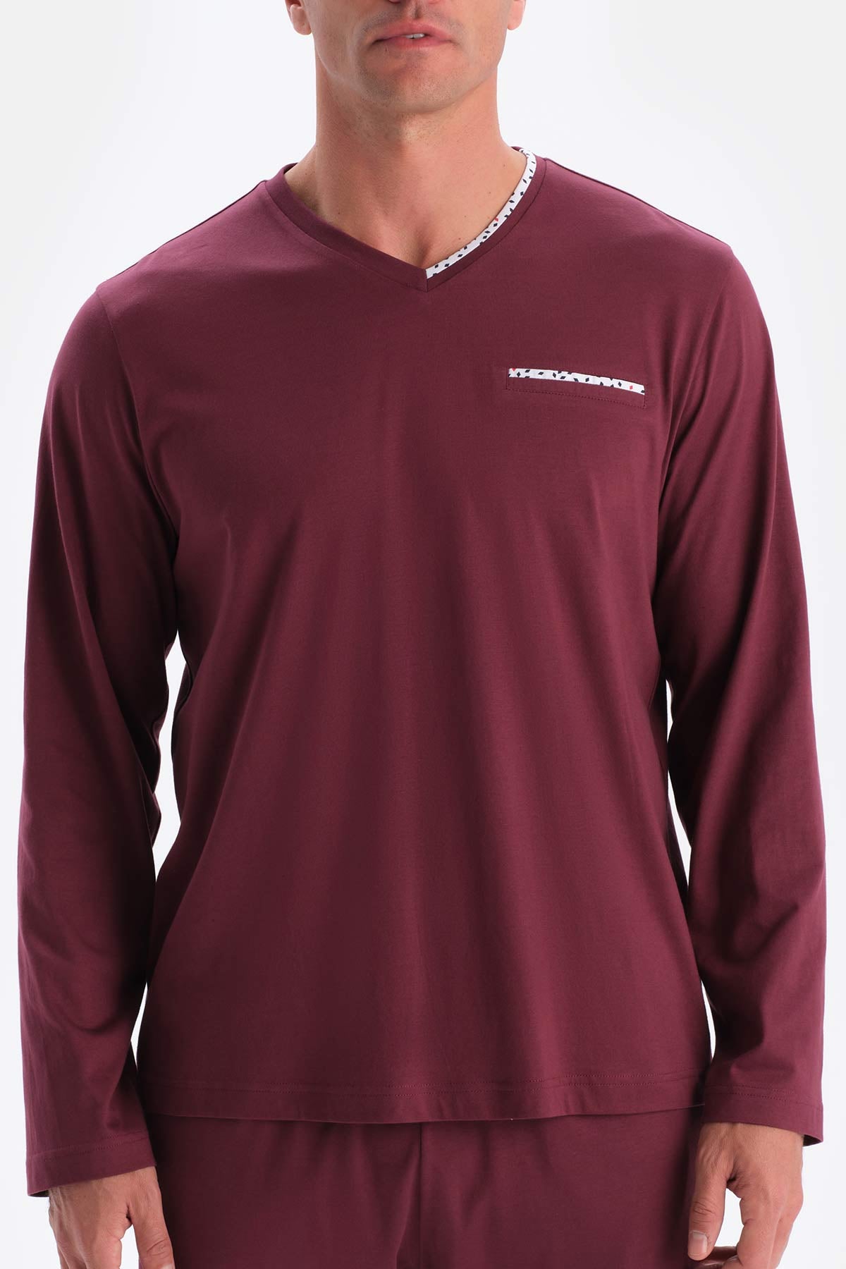 Bordo V Yaka Uzun Kollu Pamuk Modal Pijama Takımı