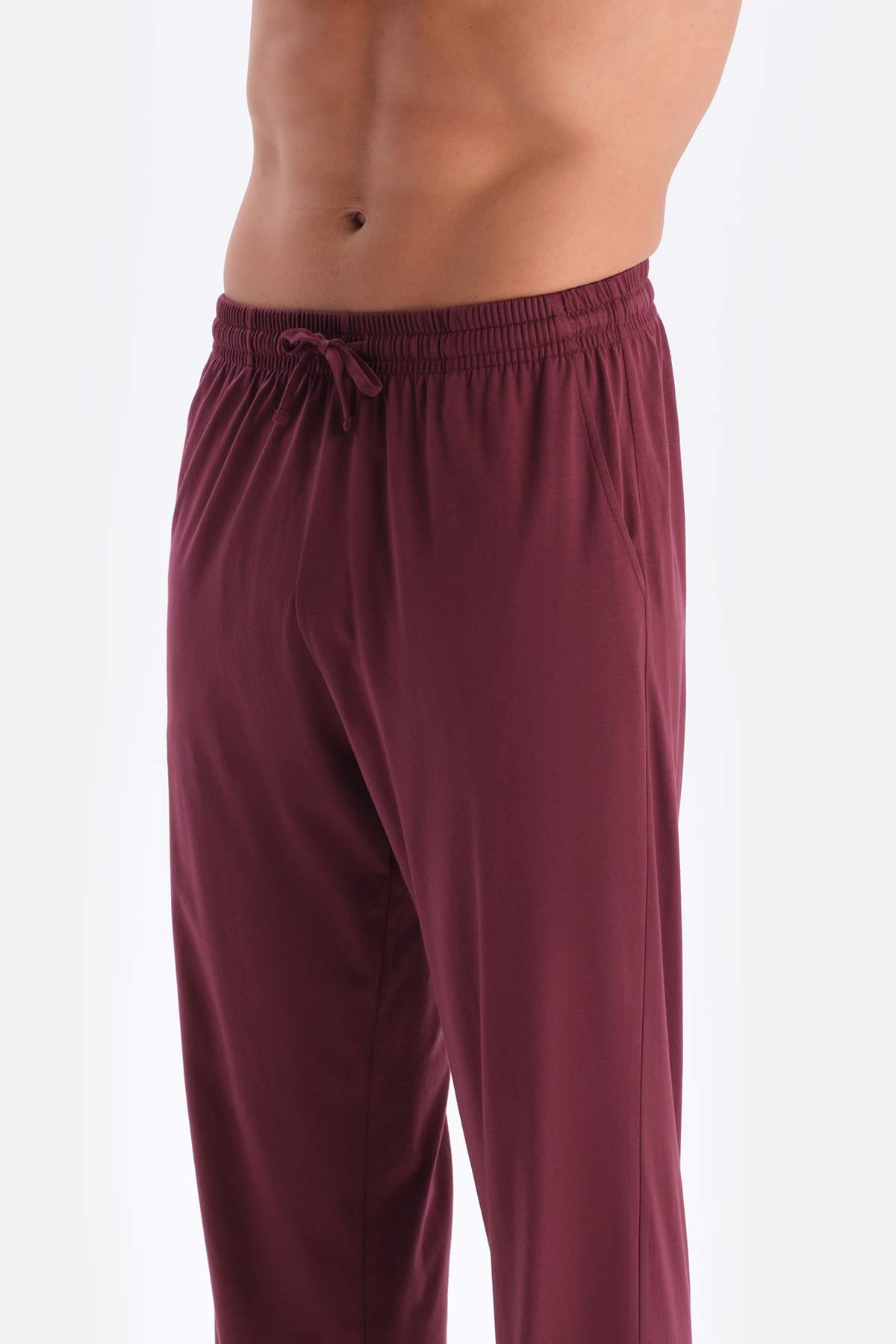 Bordo V Yaka Uzun Kollu Pamuk Modal Pijama Takımı