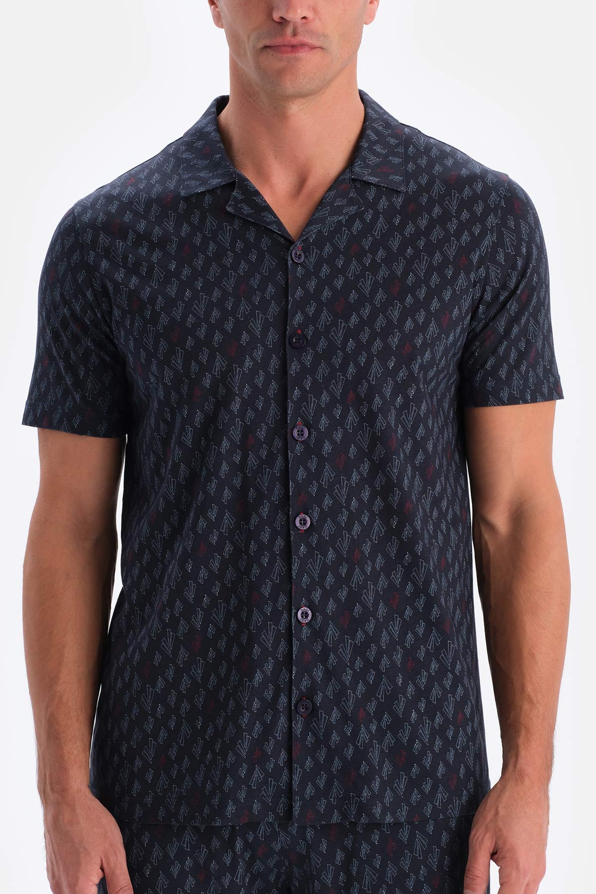 Lacivert Metraj Baskılı Pamuk Modal Gömlek Pantolon Pijama Takımı