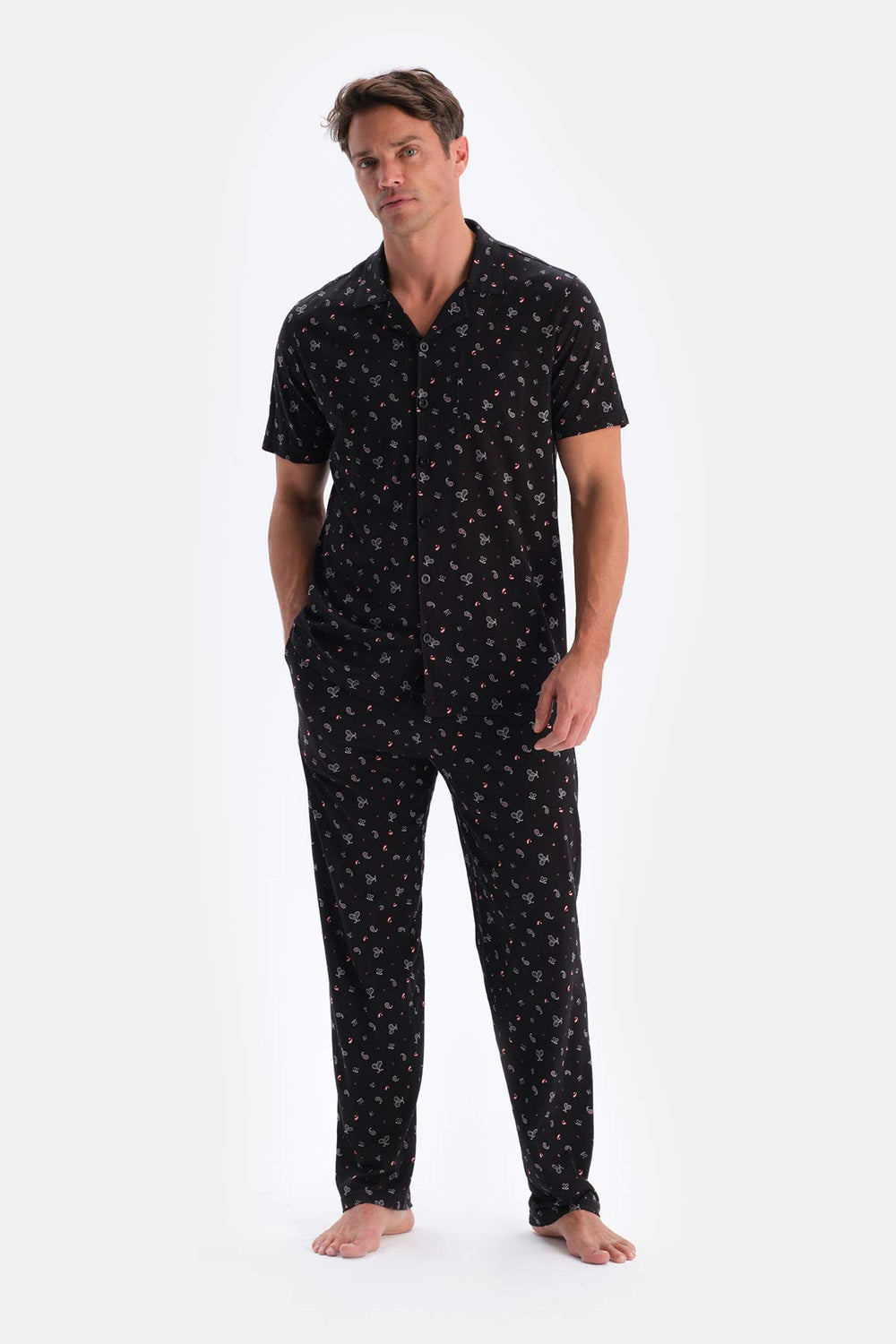Siyah Metraj Baskılı Pamuk Modal Gömlek Pantolon Pijama Takımı