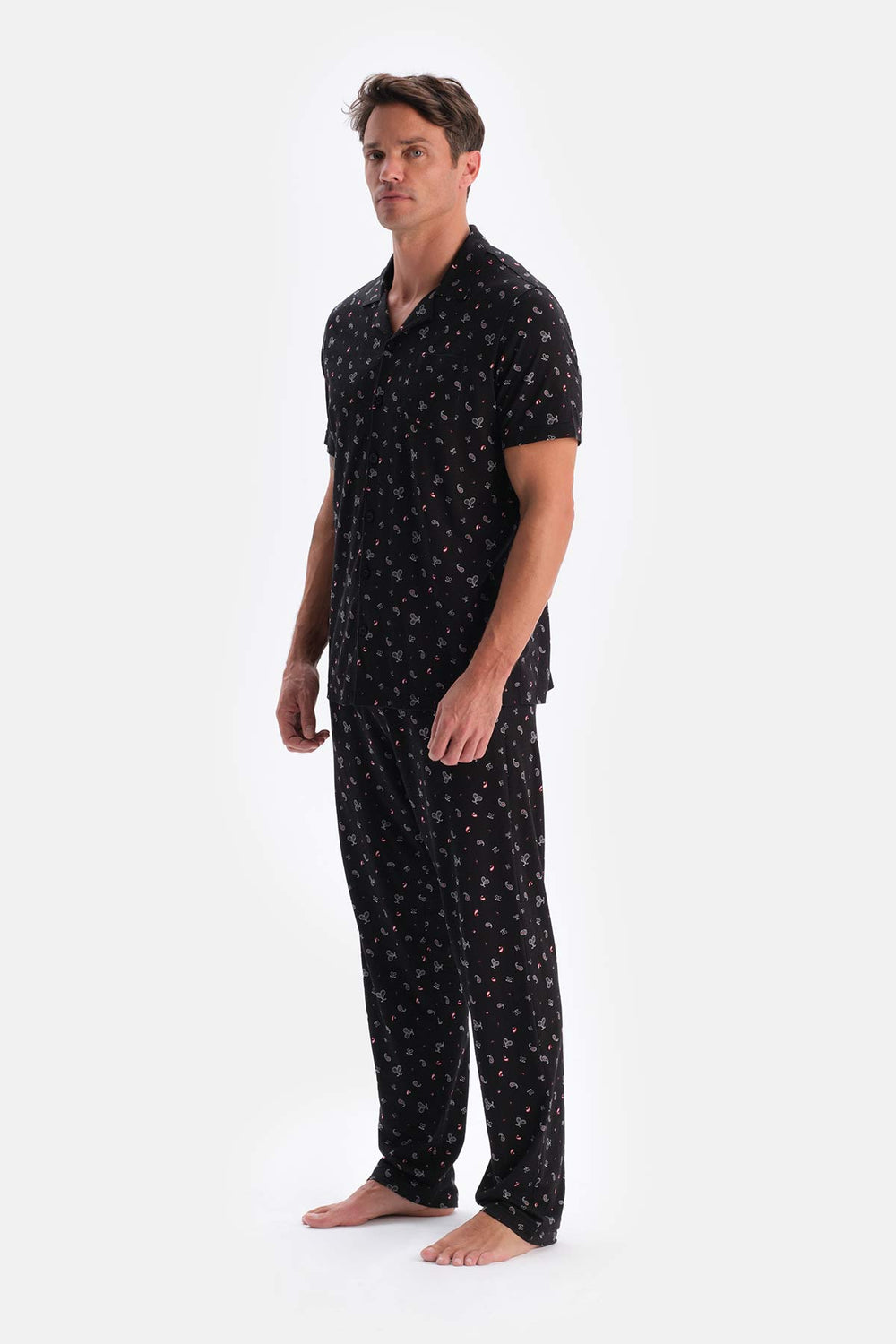 Siyah Metraj Baskılı Pamuk Modal Gömlek Pantolon Pijama Takımı