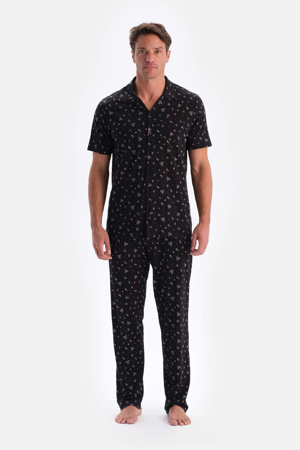 Siyah Metraj Baskılı Pamuk Modal Gömlek Pantolon Pijama Takımı