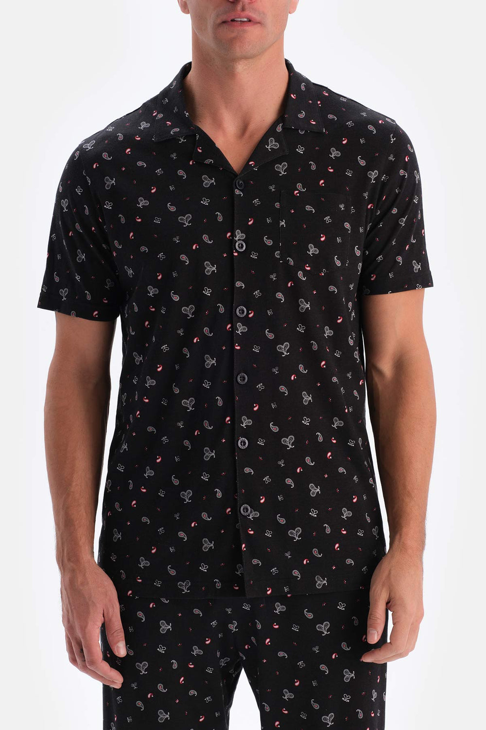 Siyah Metraj Baskılı Pamuk Modal Gömlek Pantolon Pijama Takımı