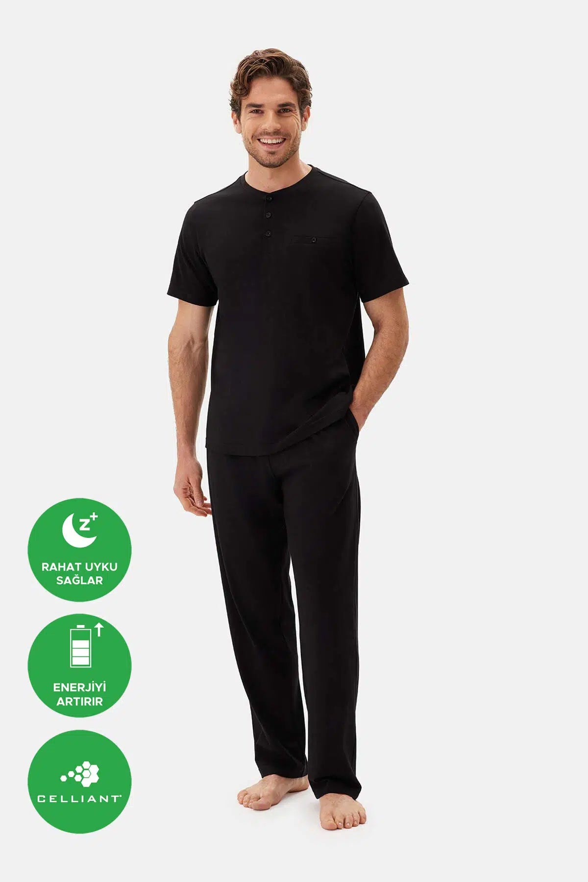 Siyah Yarım Patlı Kısa Kollu Celliant Pijama Takımı