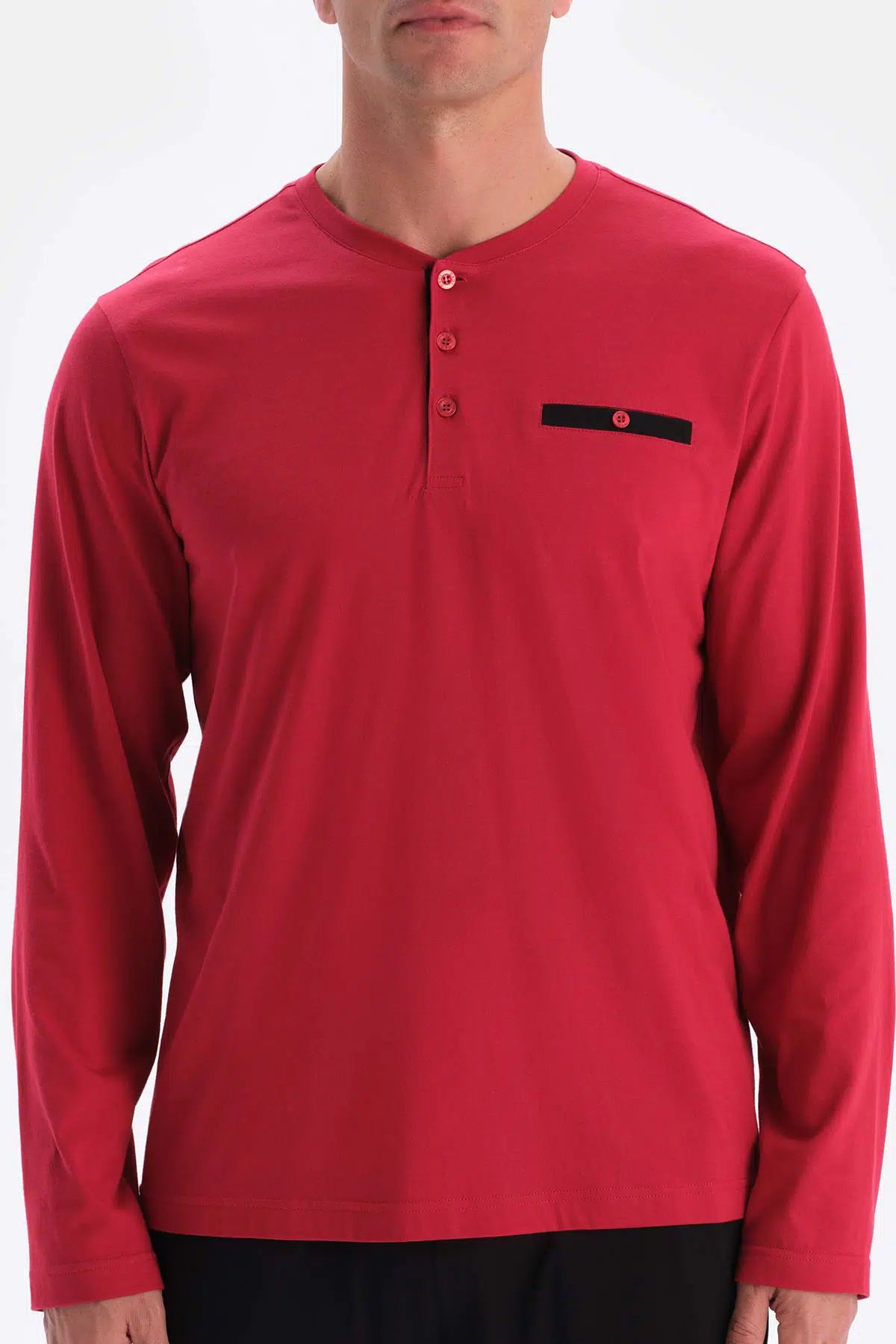 Bordo Yarım Patlı Uzun Kollu Şort Pantolon Üçlü Pijama Takımı