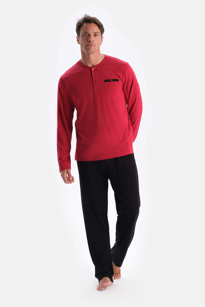 Bordo Yarım Patlı Uzun Kollu Şort Pantolon Üçlü Pijama Takımı