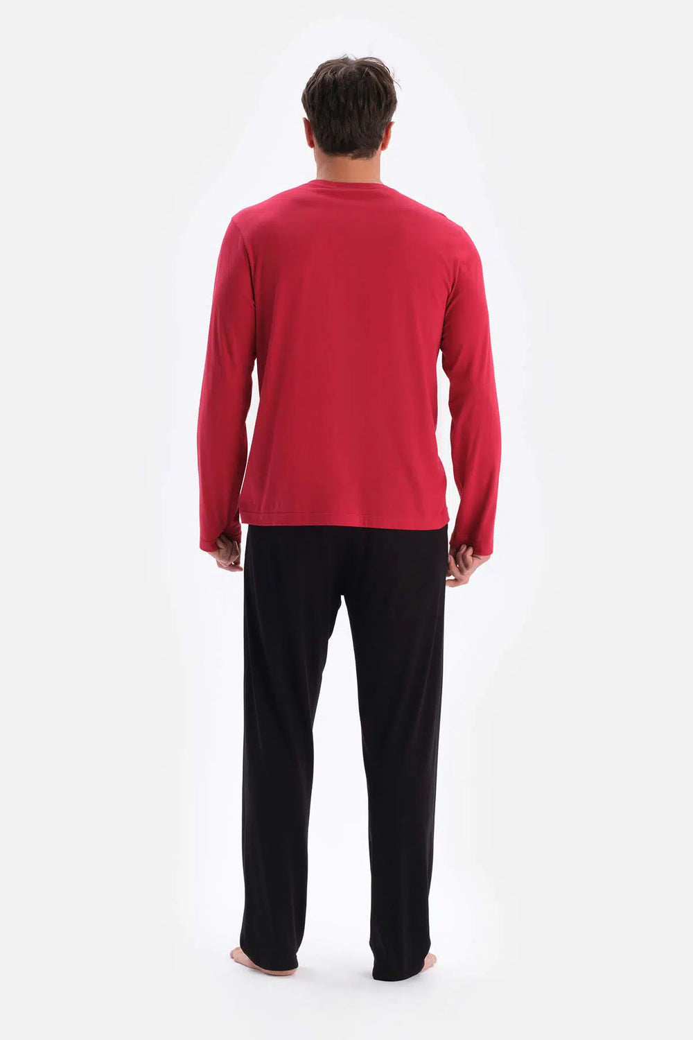 Bordo Yarım Patlı Uzun Kollu Şort Pantolon Üçlü Pijama Takımı