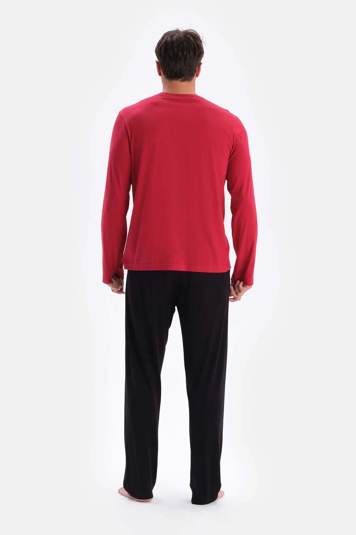 Bordo Yarım Patlı Uzun Kollu Şort Pantolon Üçlü Pijama Takımı